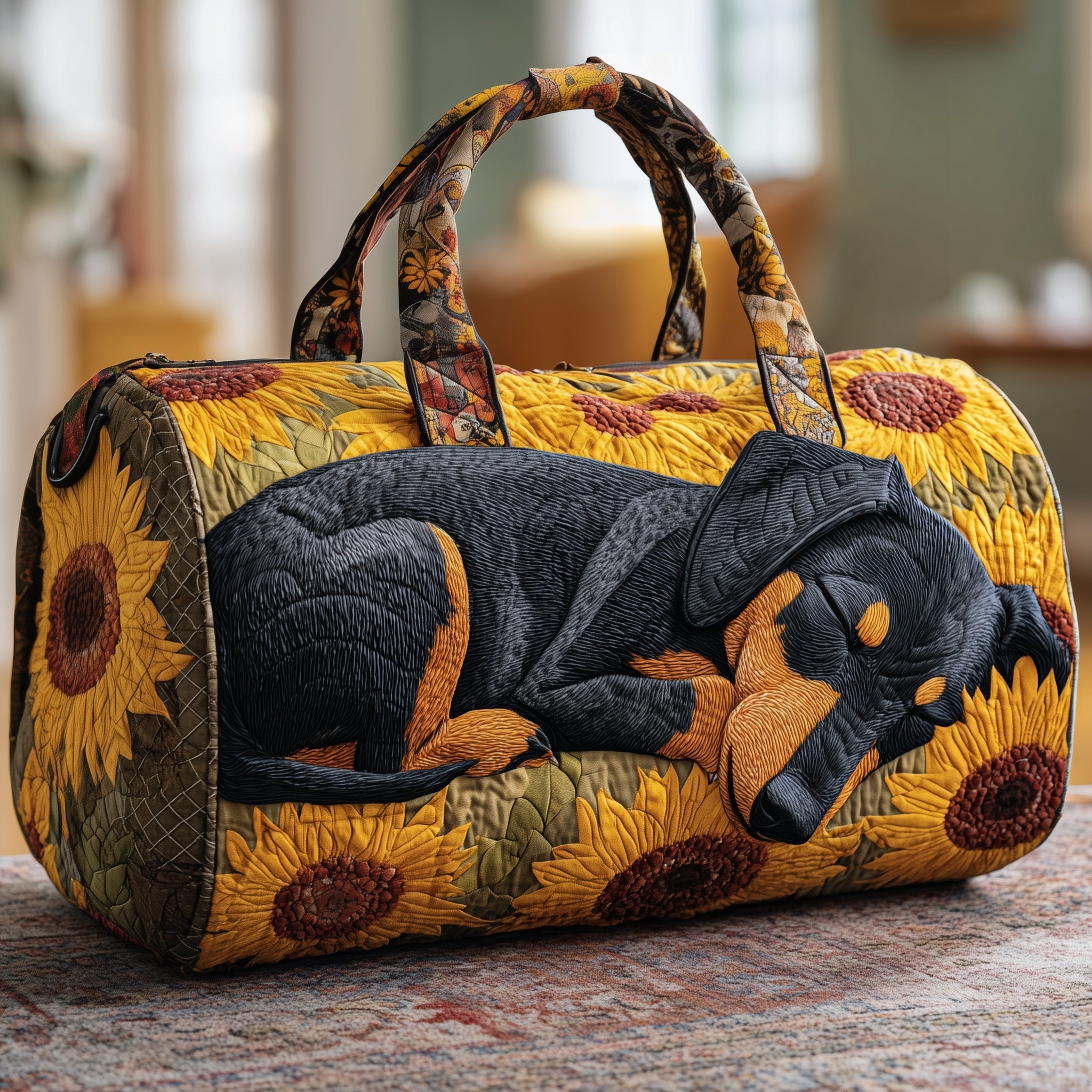 Sunflower Dream Quilted Duffle Bag Best Women's Travel Duffle Bag Presents For Dachshund Lovers
