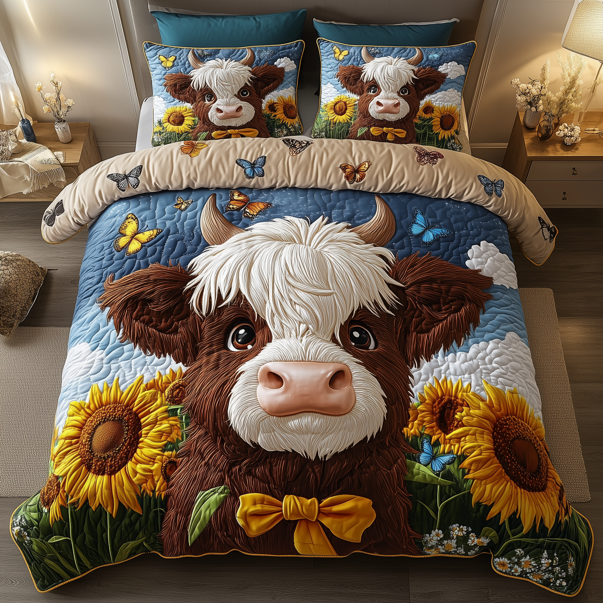 Sunflower Highland Cow Quilted Bedding Set Best King Bedding Sets Cow Christmas Gifts