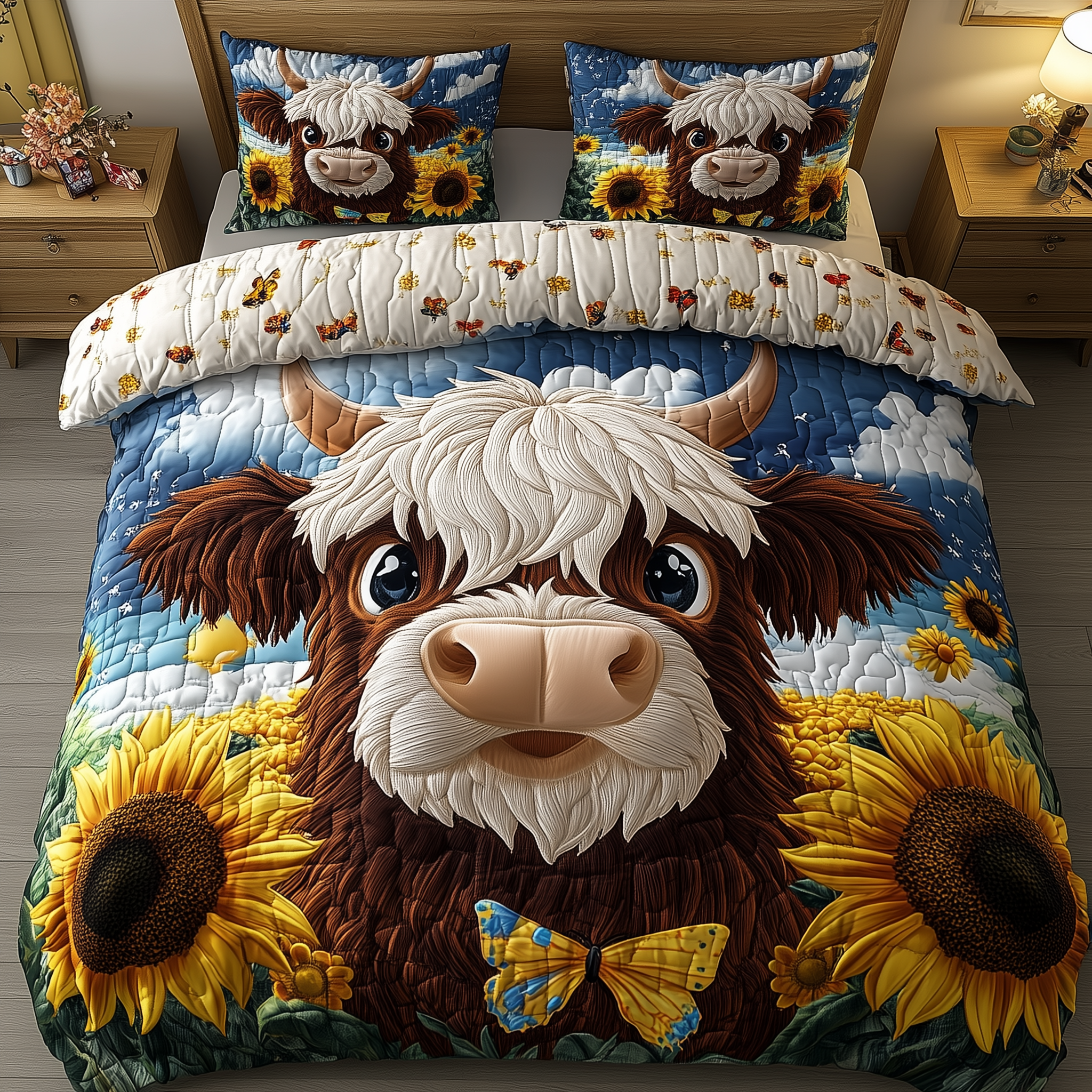 Sunflower Highland Cow Quilted Bedding Set Good Bed Sheet Sets Cow Themed Christmas Gifts