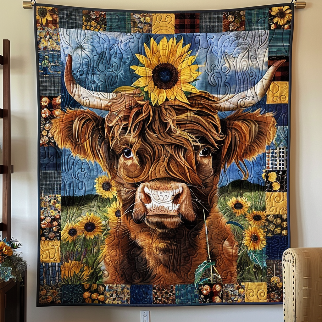 Sunflower Highland Harmony Quilted Blanket Bed Decor Ideas Moms Day Gift Ideas