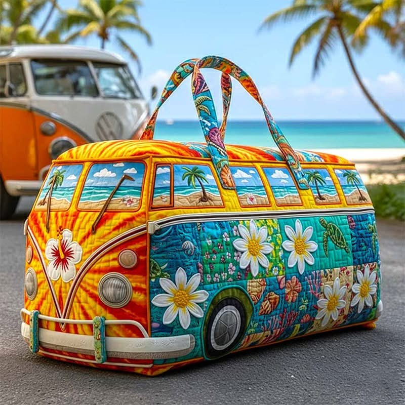 Sunflower Hippie Van Quilted Duffle Bag Peace Symbol Bag Perfect Gift For Flower Lovers