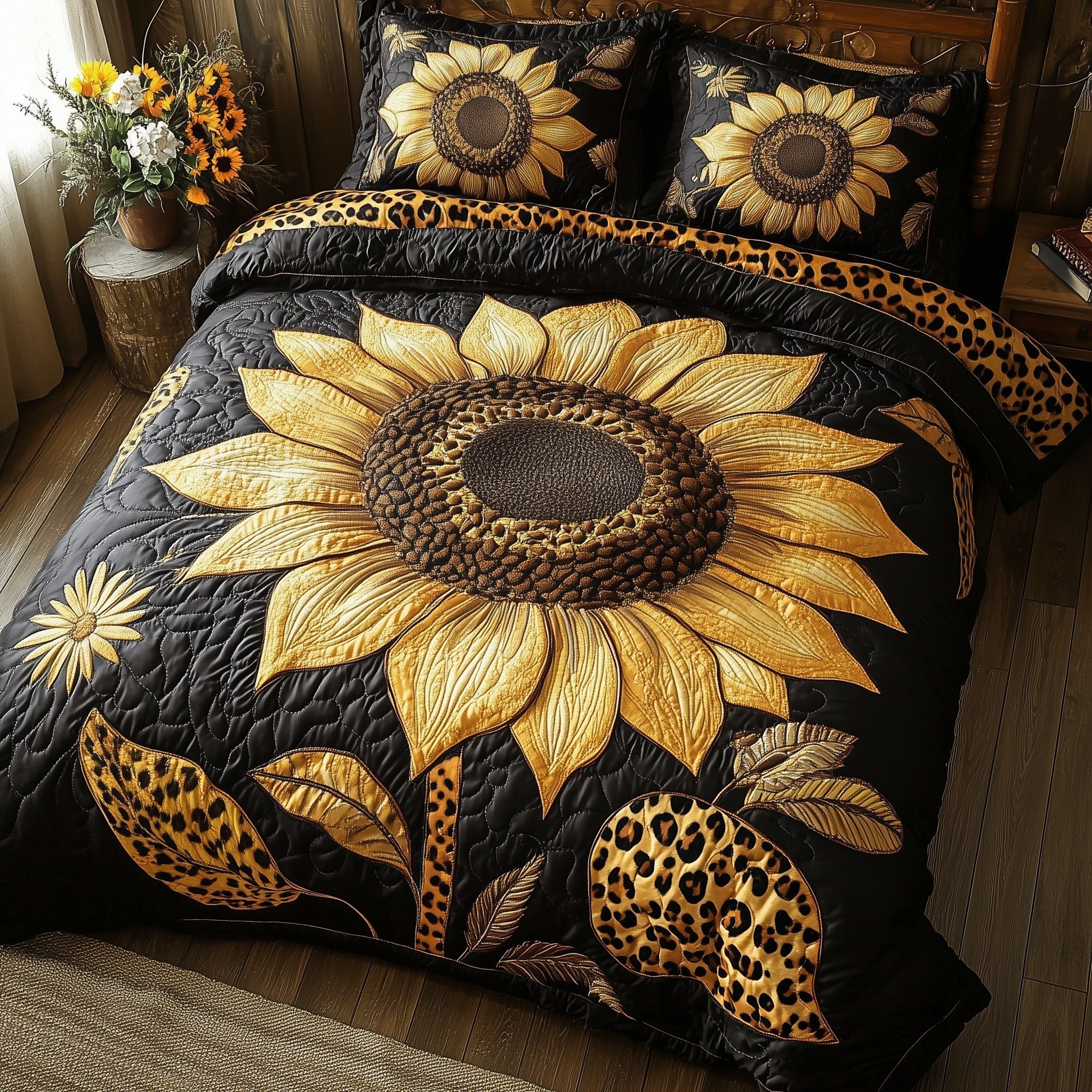 Sunflower Leopard Quilted Bedding Set Unusual Bed Sheets Sunflower Gifts For Mom