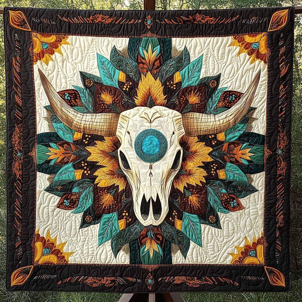 Sunflower Skull Spirit Quilted Blanket Bed Decor Native American Gifts For Men Women