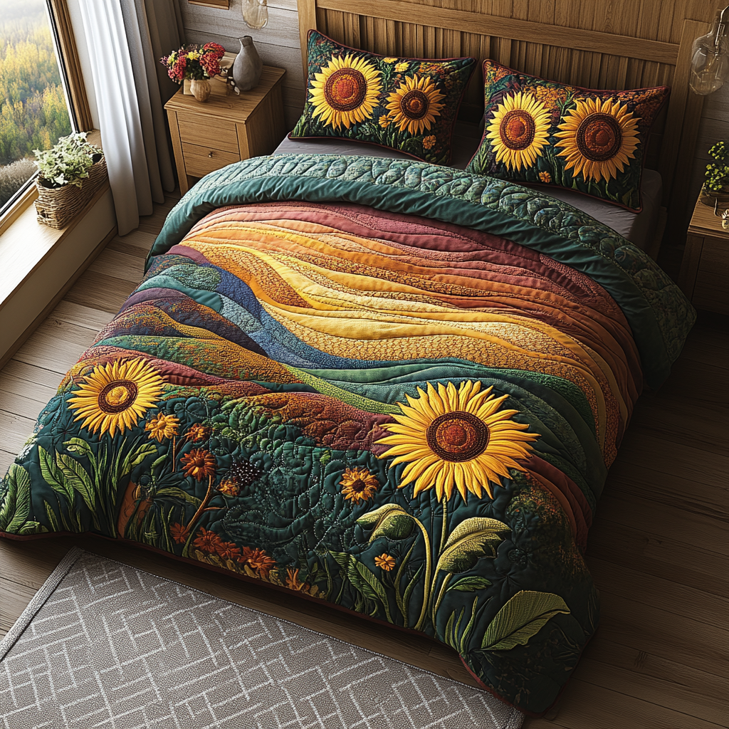 Sunflower Sunrise Quilted Bedding Set Best Bed Sheet Set Sunflower Birthday Gifts