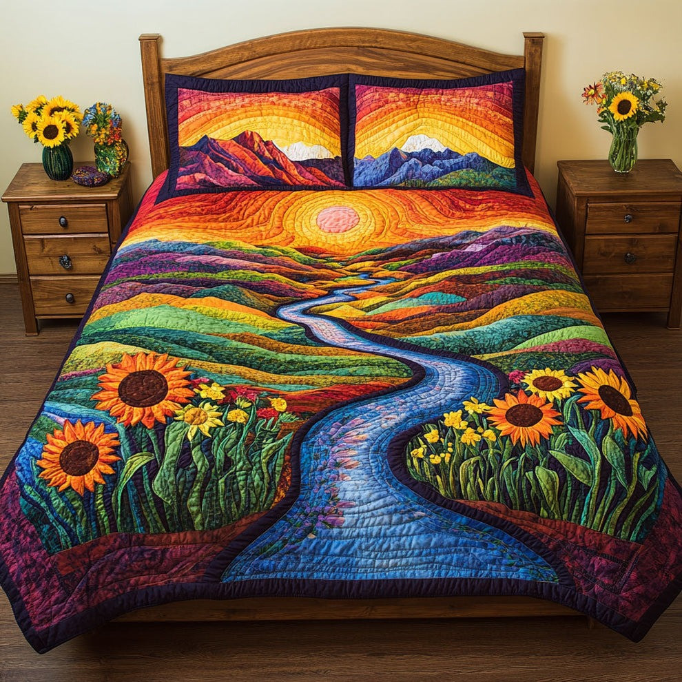 Sunflower Sunset River Quilted Bedding Set Great Present For People Who Like Sunset