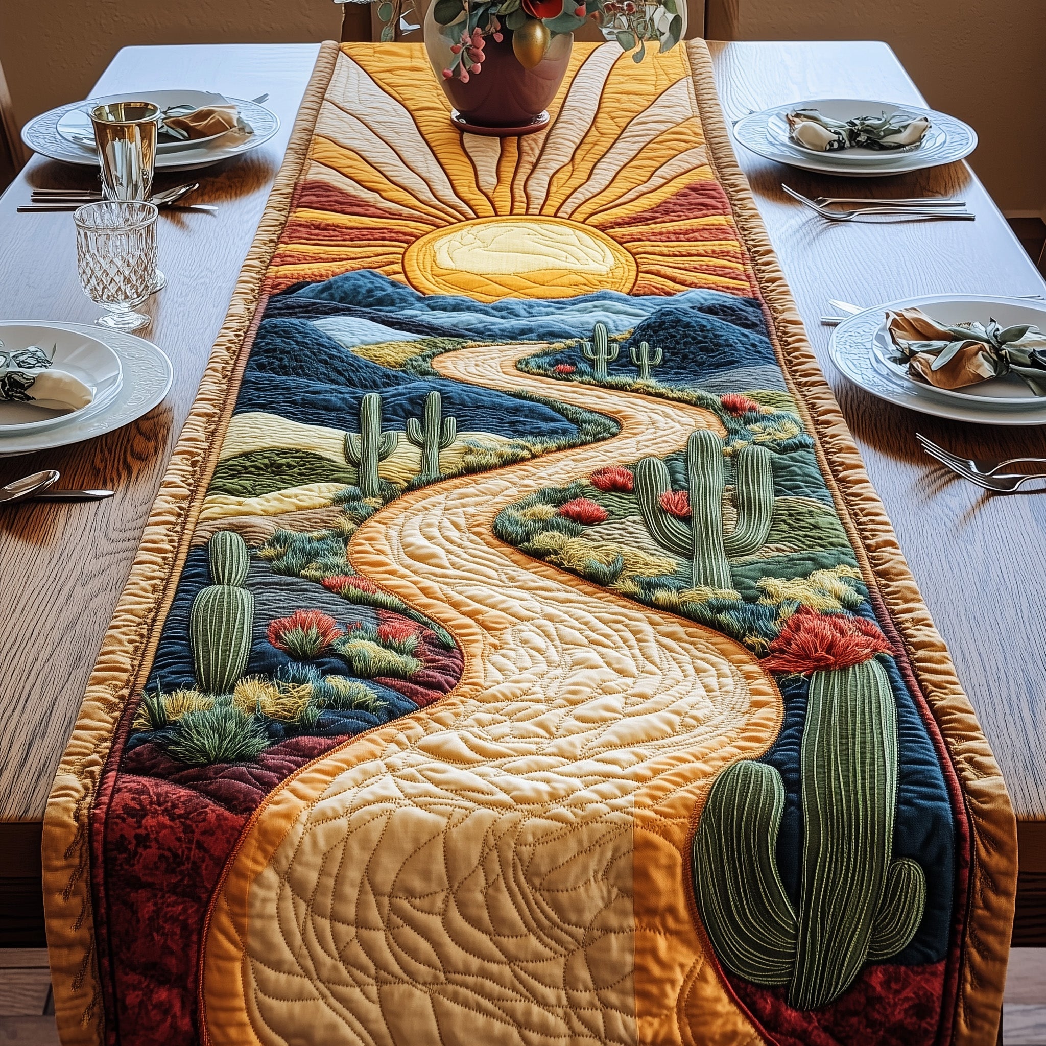 Sunlit Cactus Trail Quilted Table Runner Holiday Runner Dining Cactus Inspired Gifts