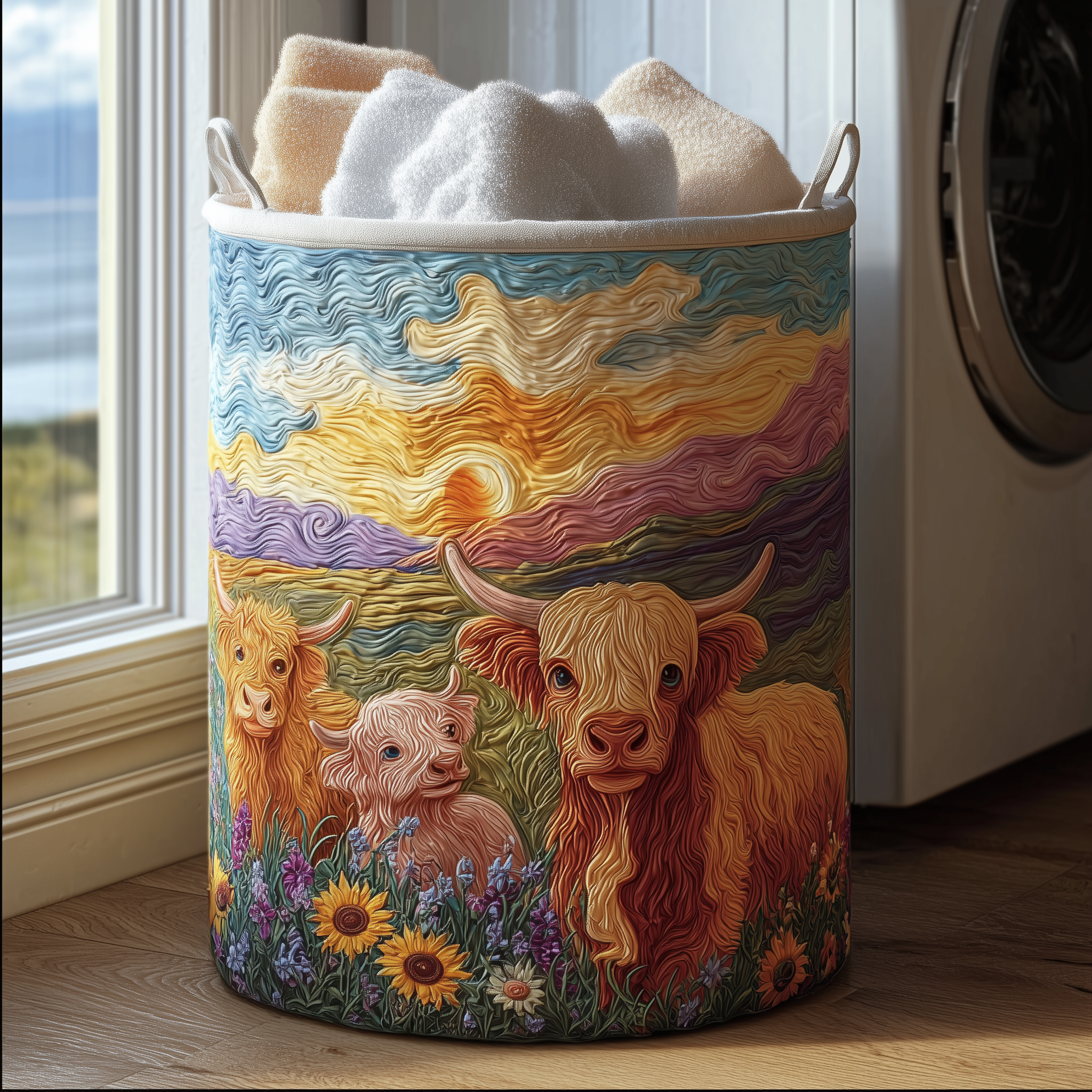 Sunlit Cow Quilted Laundry Basket Unique Clothes Hamper Highland Cow Presents