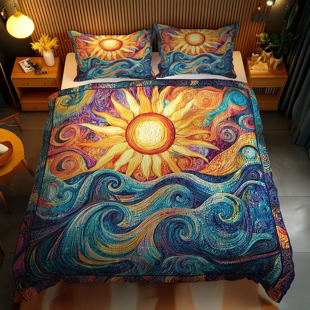 Sunlit Currents Quilted Bedding Set Artistic Sun And Ocean Waves Duvet Cover Bedroom Decor