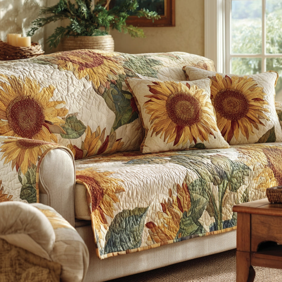 Sunlit Joy Quilted Sofa Cover Sofa Protector Cover Sunflower Theme Gifts Merchandise