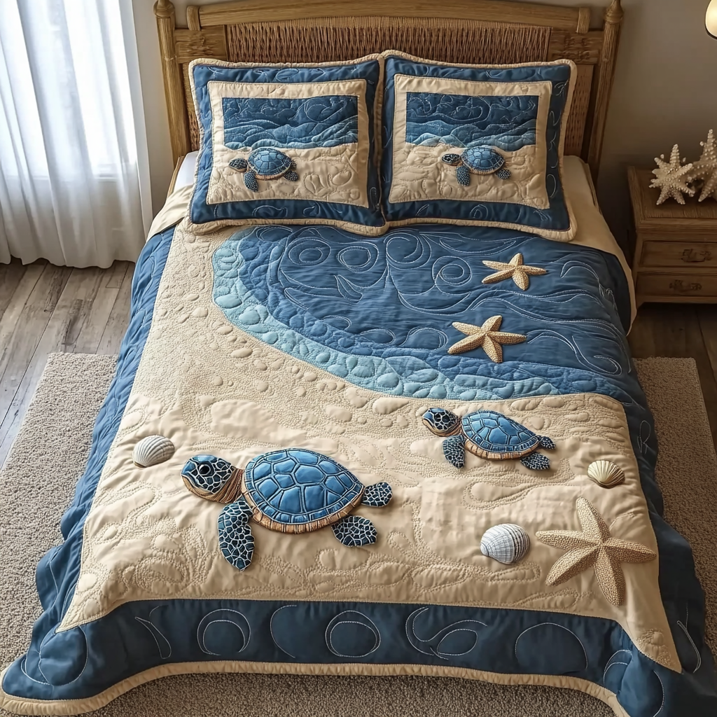 Sunlit Seashore Quilted Bedding Set Cute Queen Bed Sheets Sea Turtle Gift Ideas