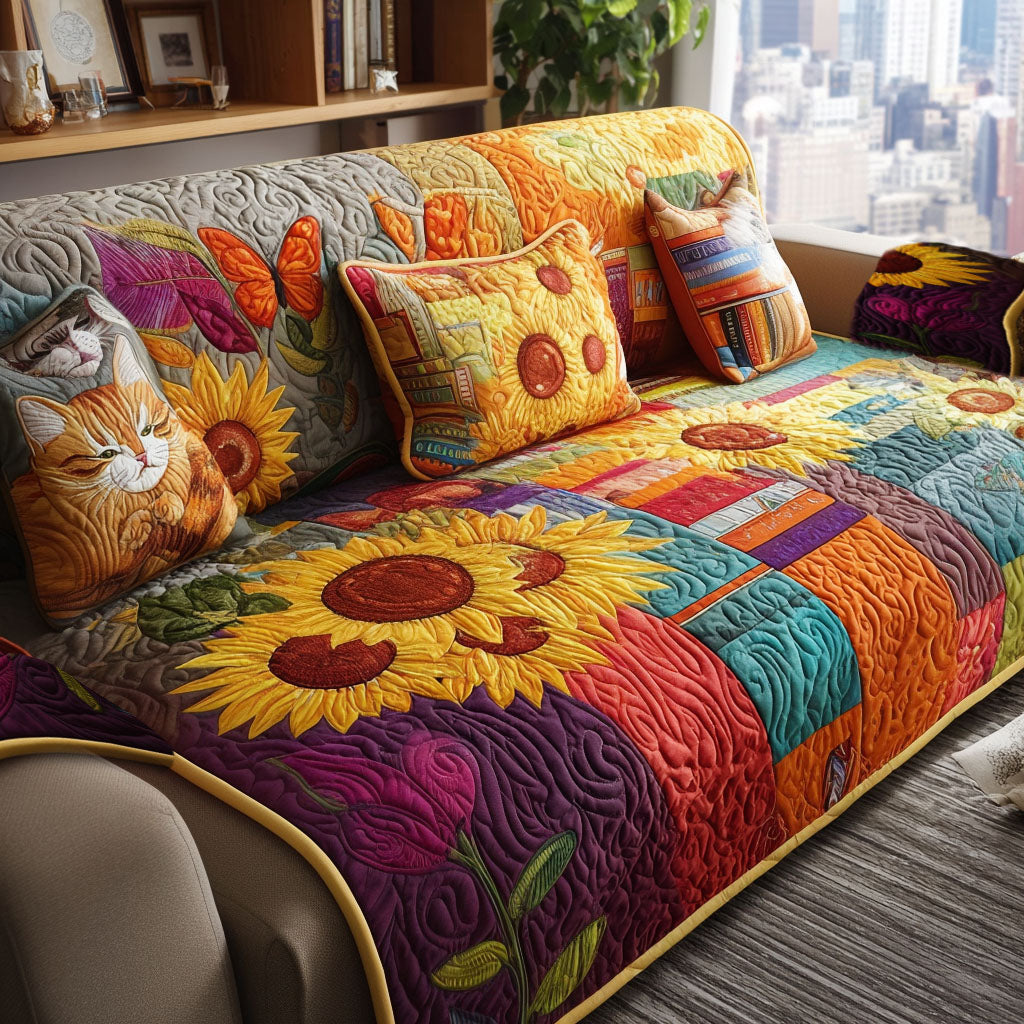 Sunlit Whiskers Quilted Sofa Cover Living Room Decor Gifts For Book Worm