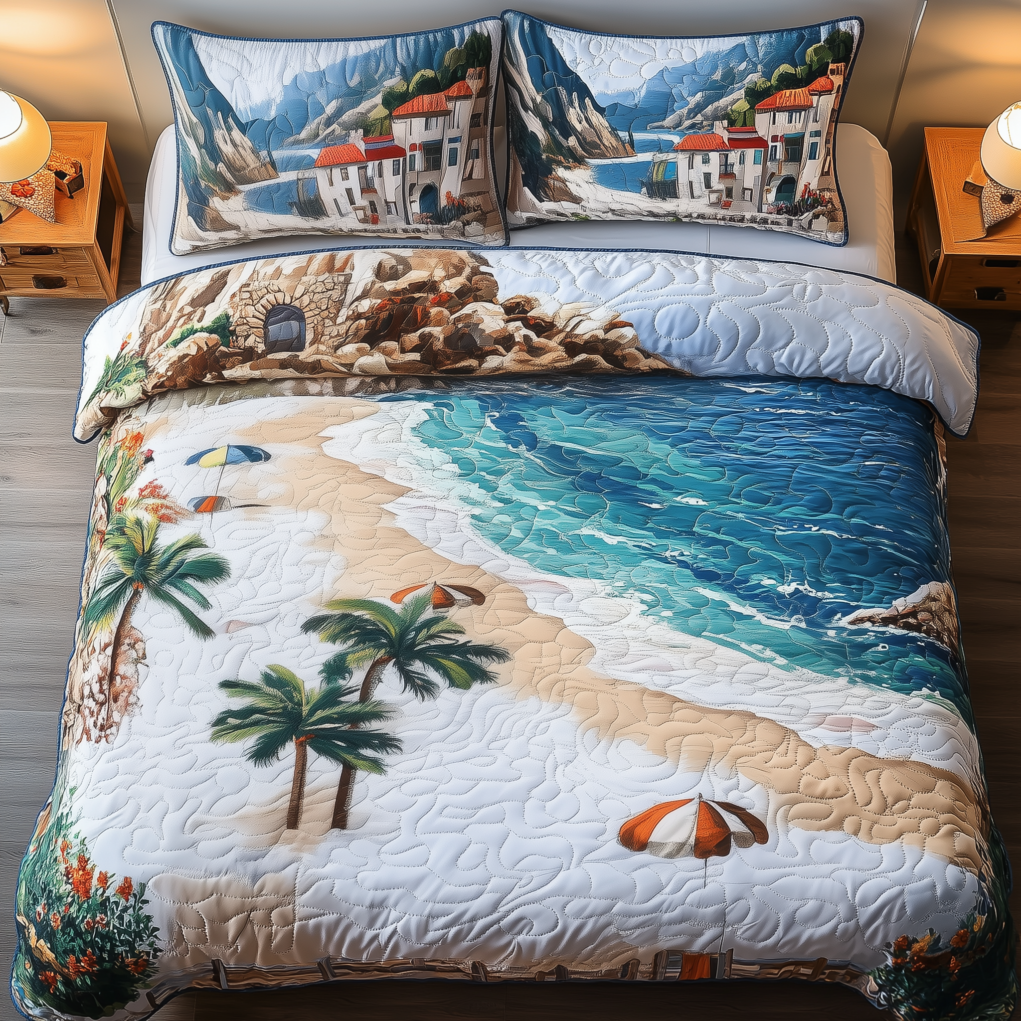 Sunny Beach Quilted Bedding Set Unique Bed Sheet Set Birthday Gift For Beach Lover