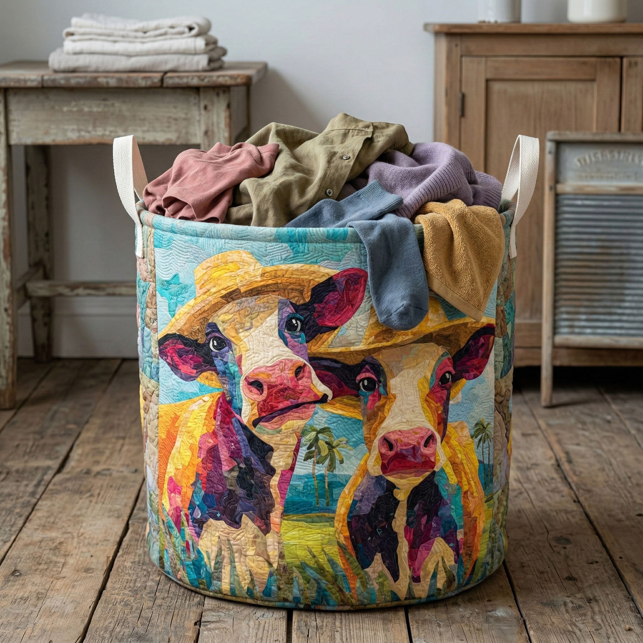 Sunny Cow Pair Quilted Laundry Basket Dirty Clothes Hampers Birthday Gifts For Cat