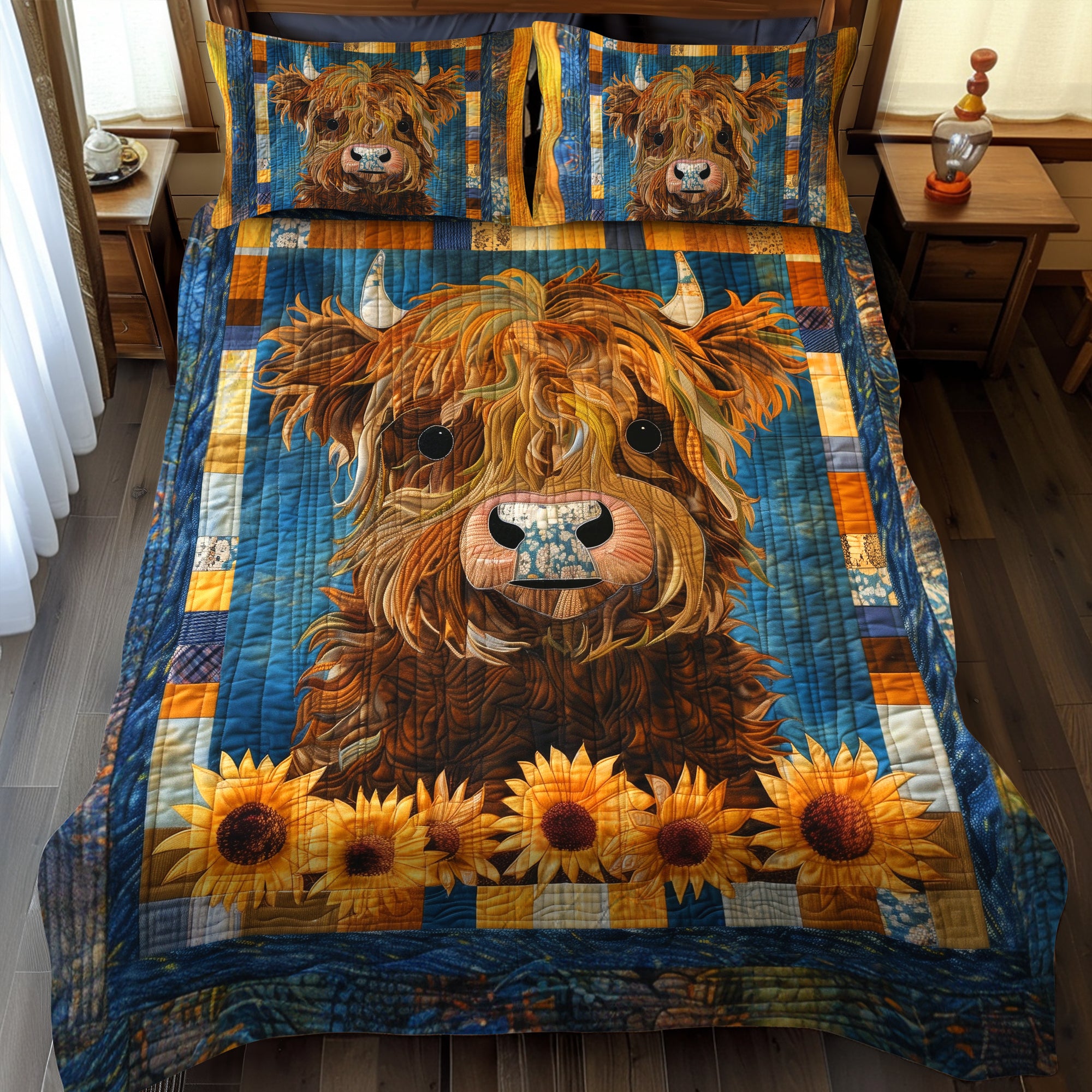 Sunny Highland Cow Quilted Bedding Set Unique Bed Sheet Set Sunflower Gifts For Women