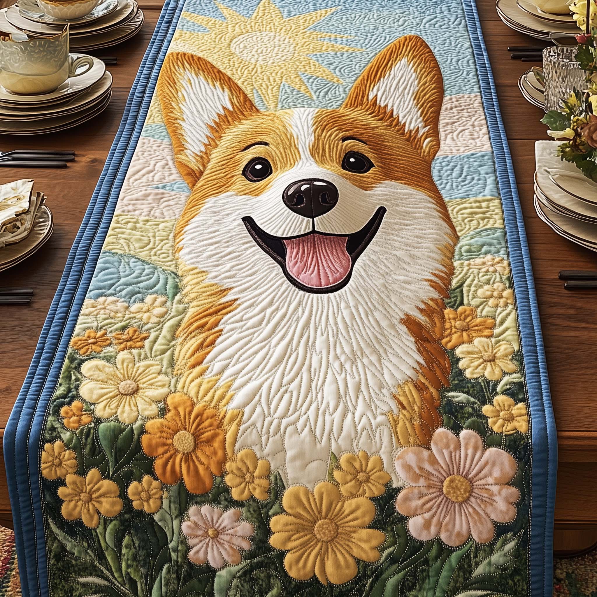 Sunny Paws Quilted Table Runner Floral Table Cover Gifts For Corgi Lovers