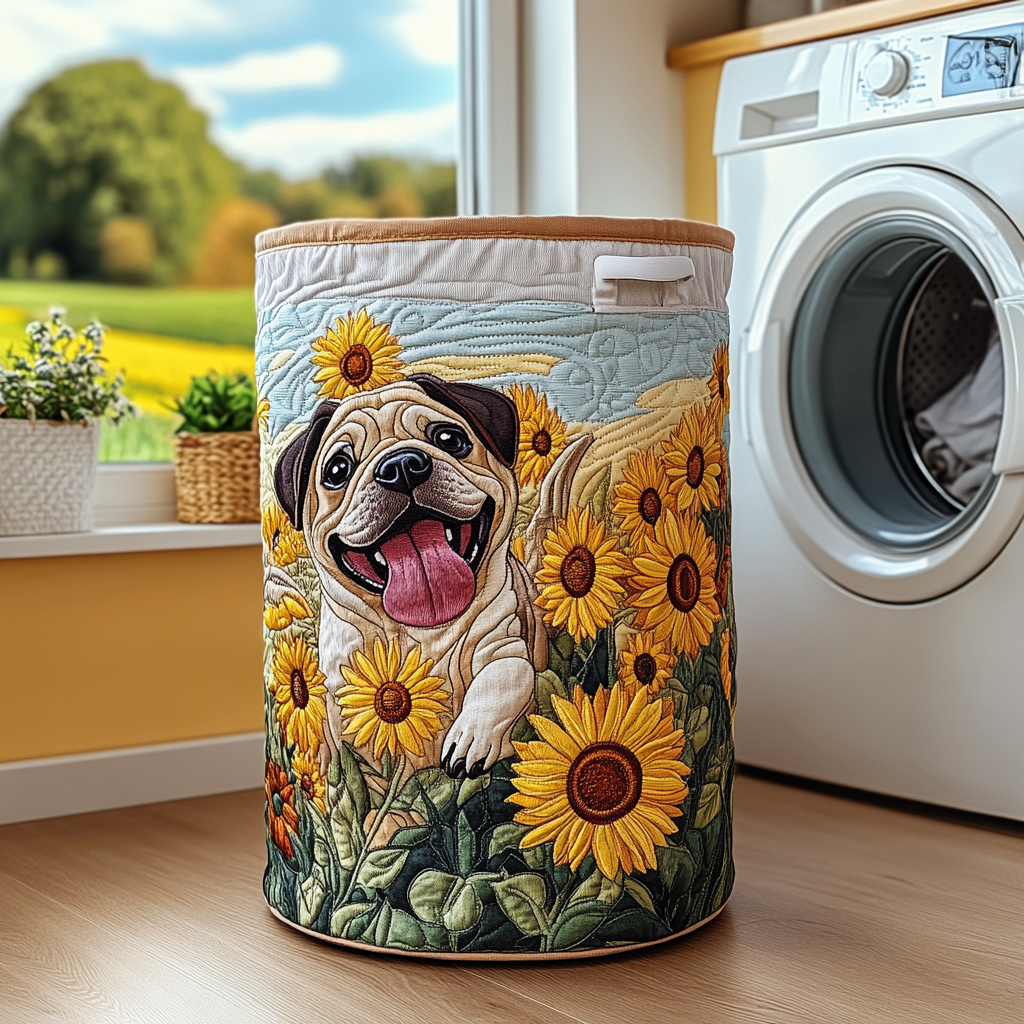 Sunny Pug Quilted Laundry Basket Clothes Basket Gift For Pug Lover