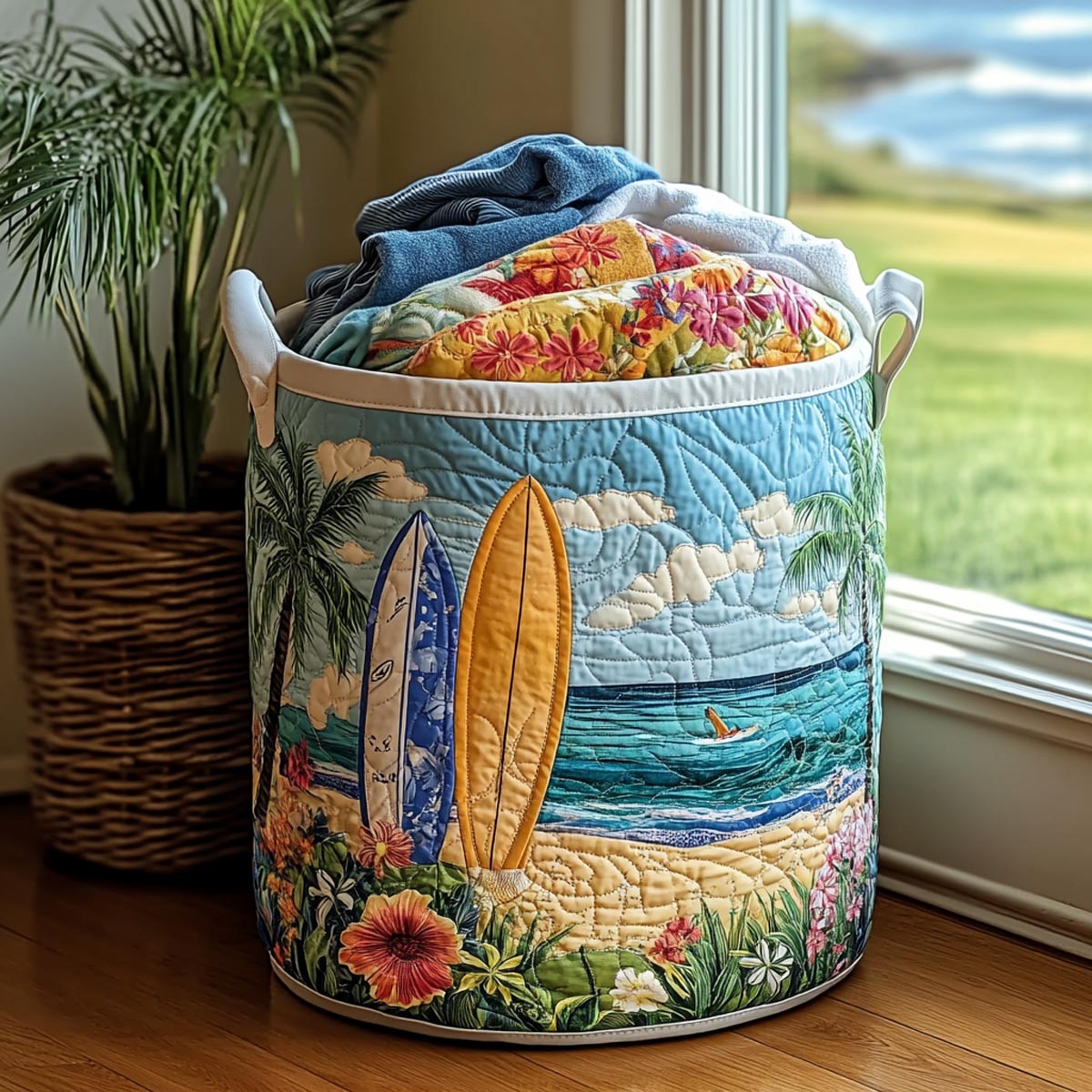Sunny Shore Quilted Laundry Basket Unique Laundry Hamper Gift For Beach Lover