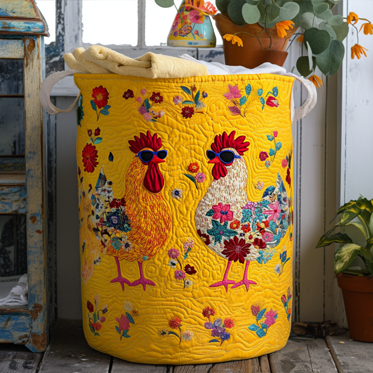 Sunny Side Up Style Quilted Laundry Basket Folding Laundry Hamper Chicken Themed Gifts