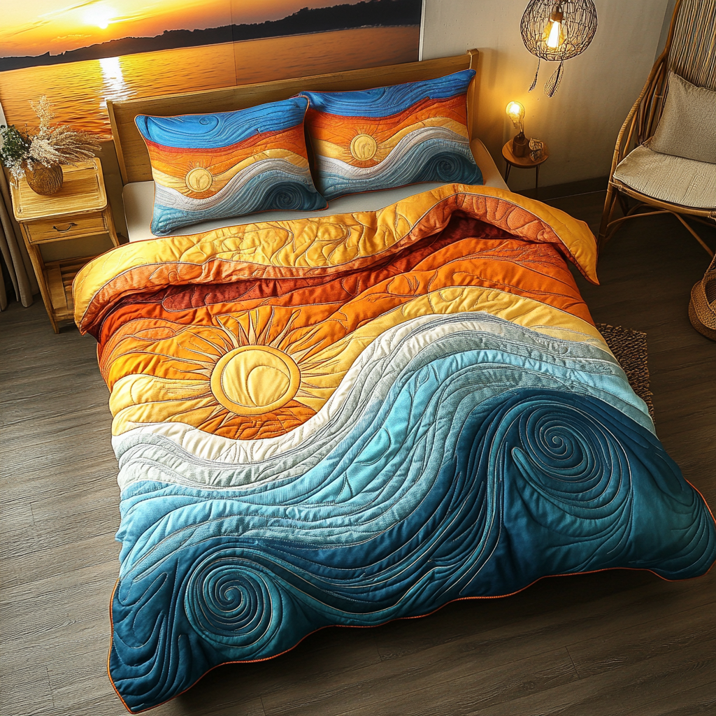 Sunrise and Waves Quilted Bedding Set Best Bedsheets Bonus Mom Gifts Mother's Day Ideas