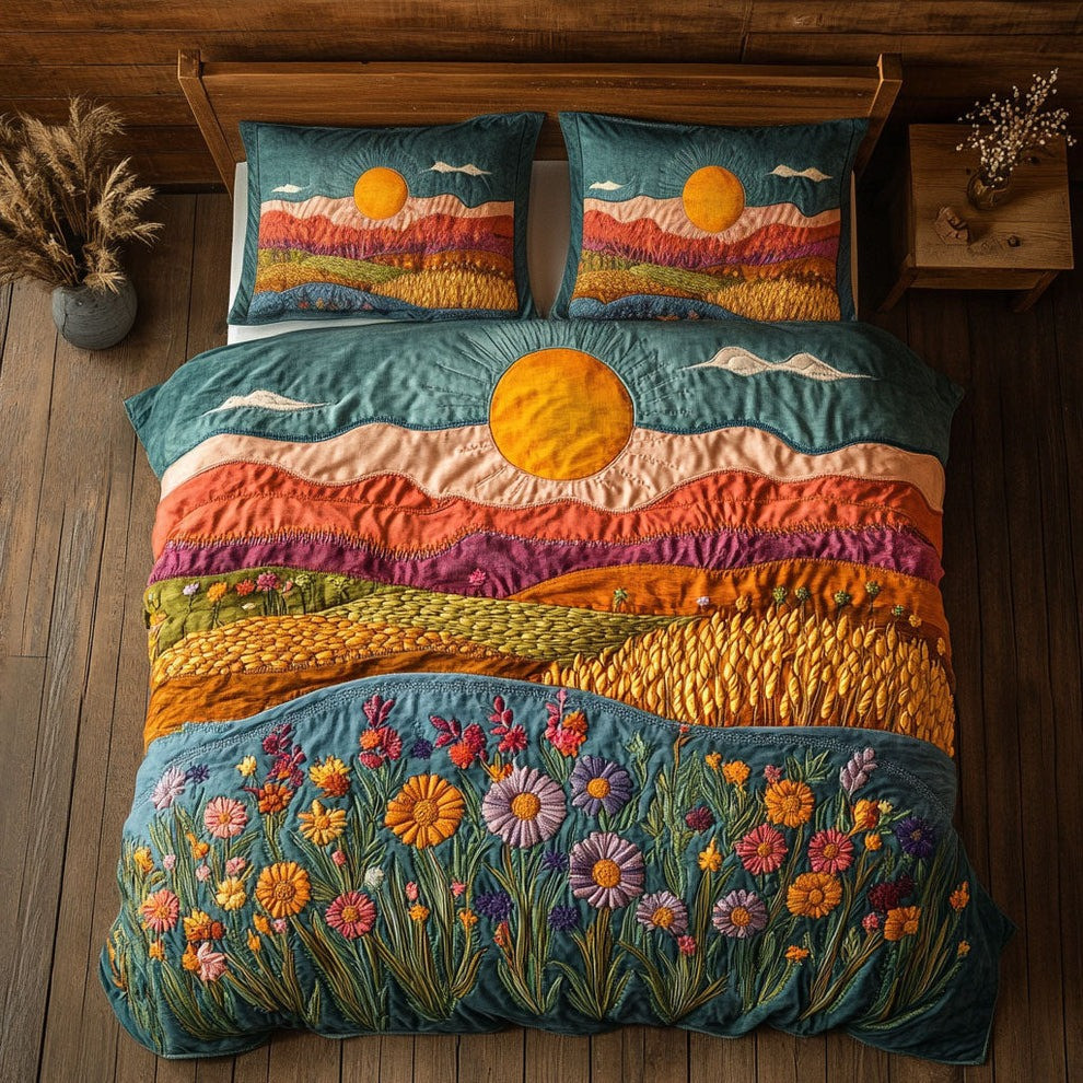 Sunrise And Wildflower Quilted Bedding Set Bedroom Decor Gifts For Flower Enthusiasts