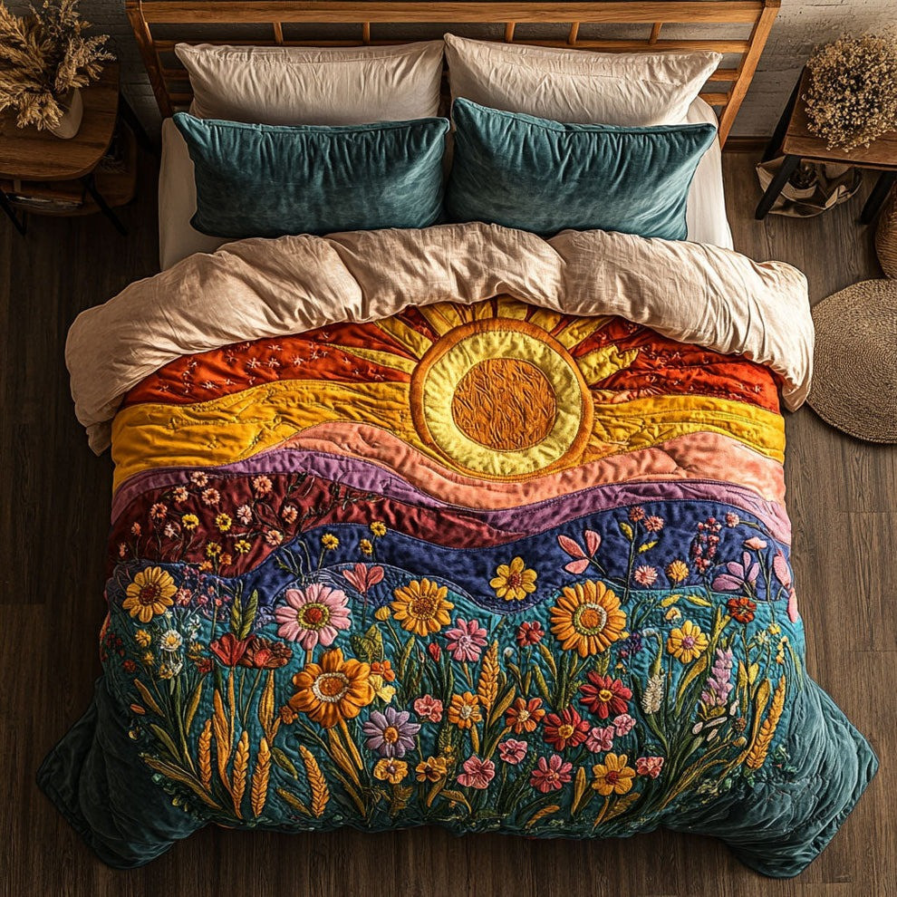 Sunrise And Wildflower Quilted Bedding Set Bohemian Floral Duvet Cover Bedroom Decor Gifts