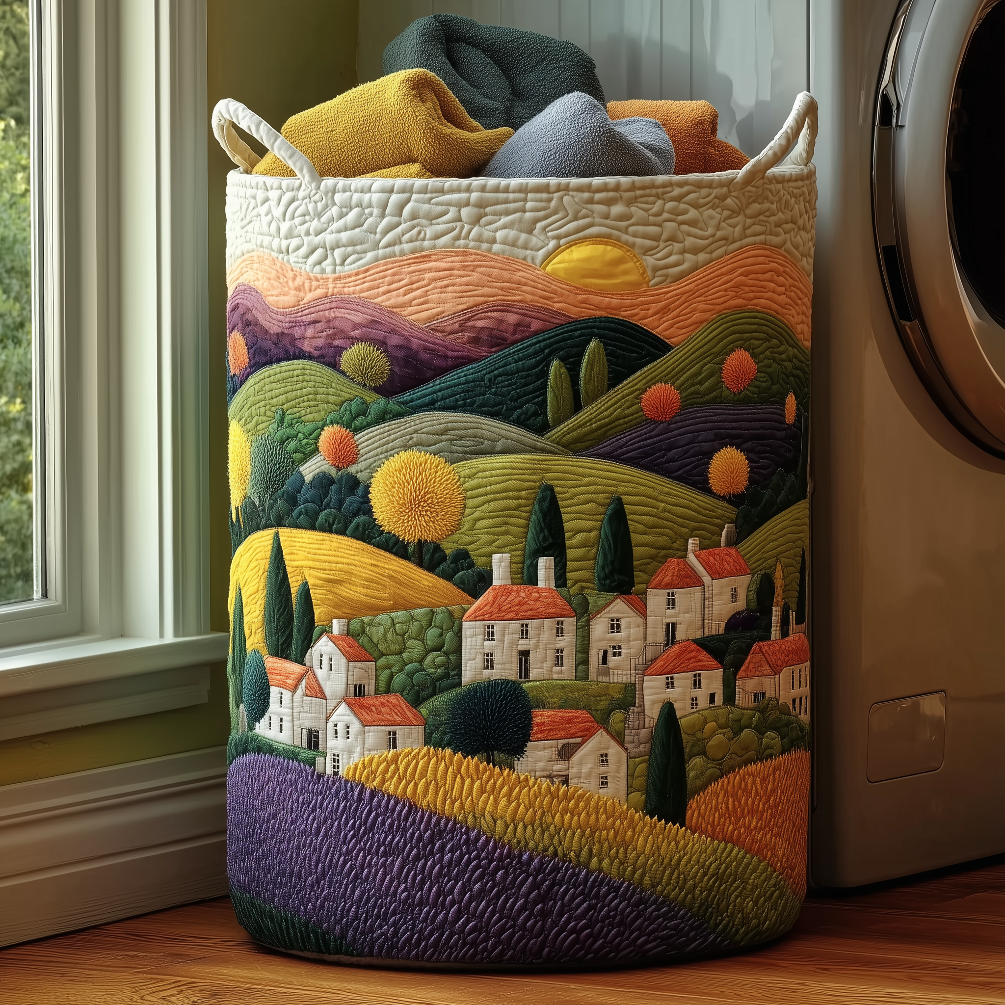 Sunrise In Village Quilted Laundry Basket House Decor Top Mother's Day Gifts