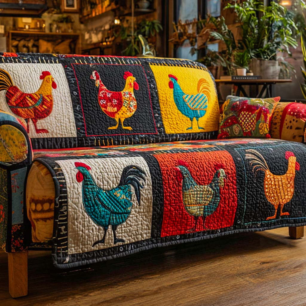 Sunrise Rooster Patch Quilted Sofa Cover Couch Cushion Covers Gifts For Chicken Owners