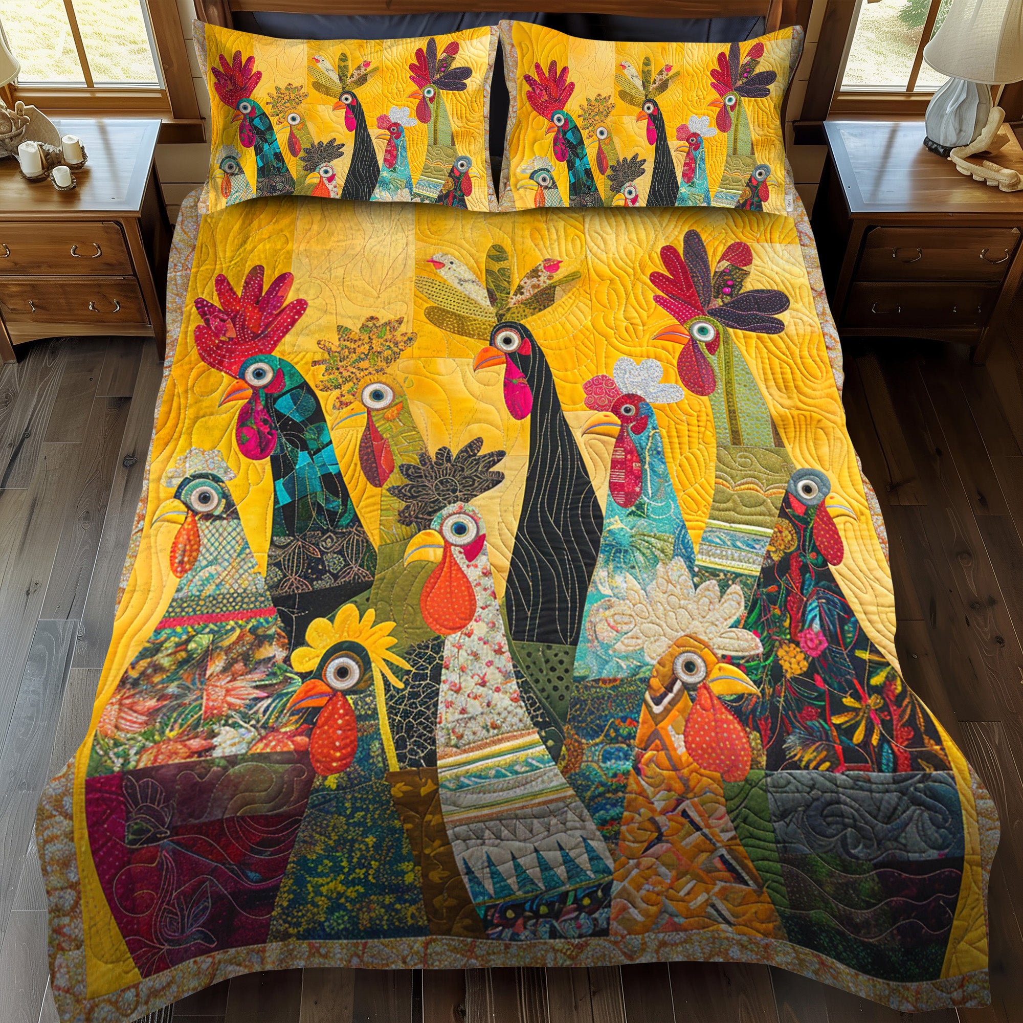 Sunrise Roosters Quilted Bedding Set Bed Room Decoration Chicken Lover Presents
