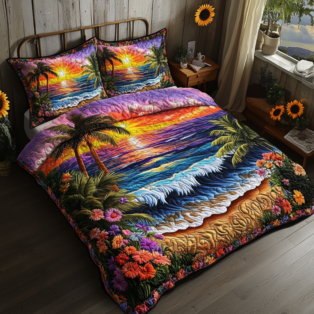Sunset Bliss Quilted Bedding Set Cute Bed Sheet Set Unique Gifts For Beach Lovers