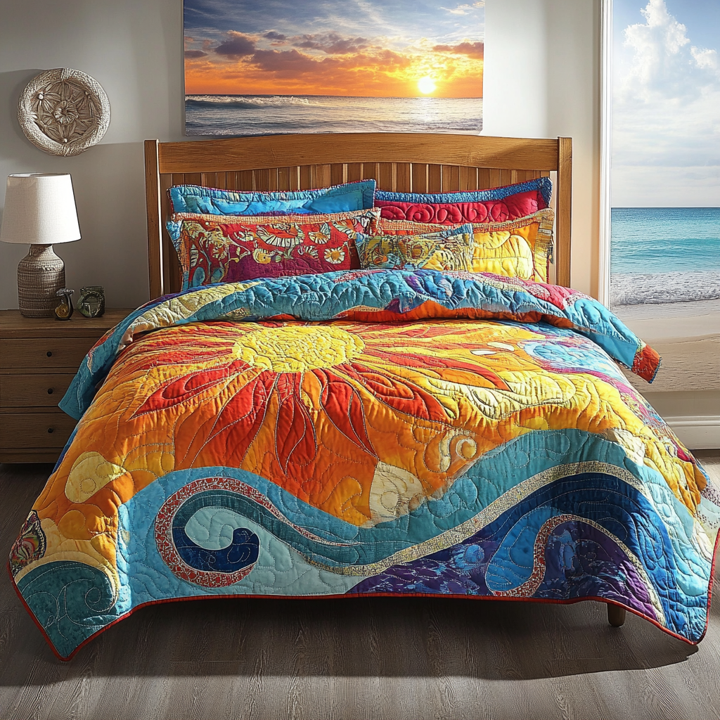 Sunset Blossom Quilted Bedding Set Cute Queen Bed Sheets Mother' Day Special Gifts