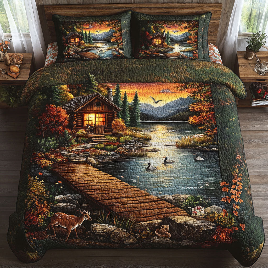 Sunset Cabin Lake Quilted Bedding Set Best Bedspread Set Gifts For Friends