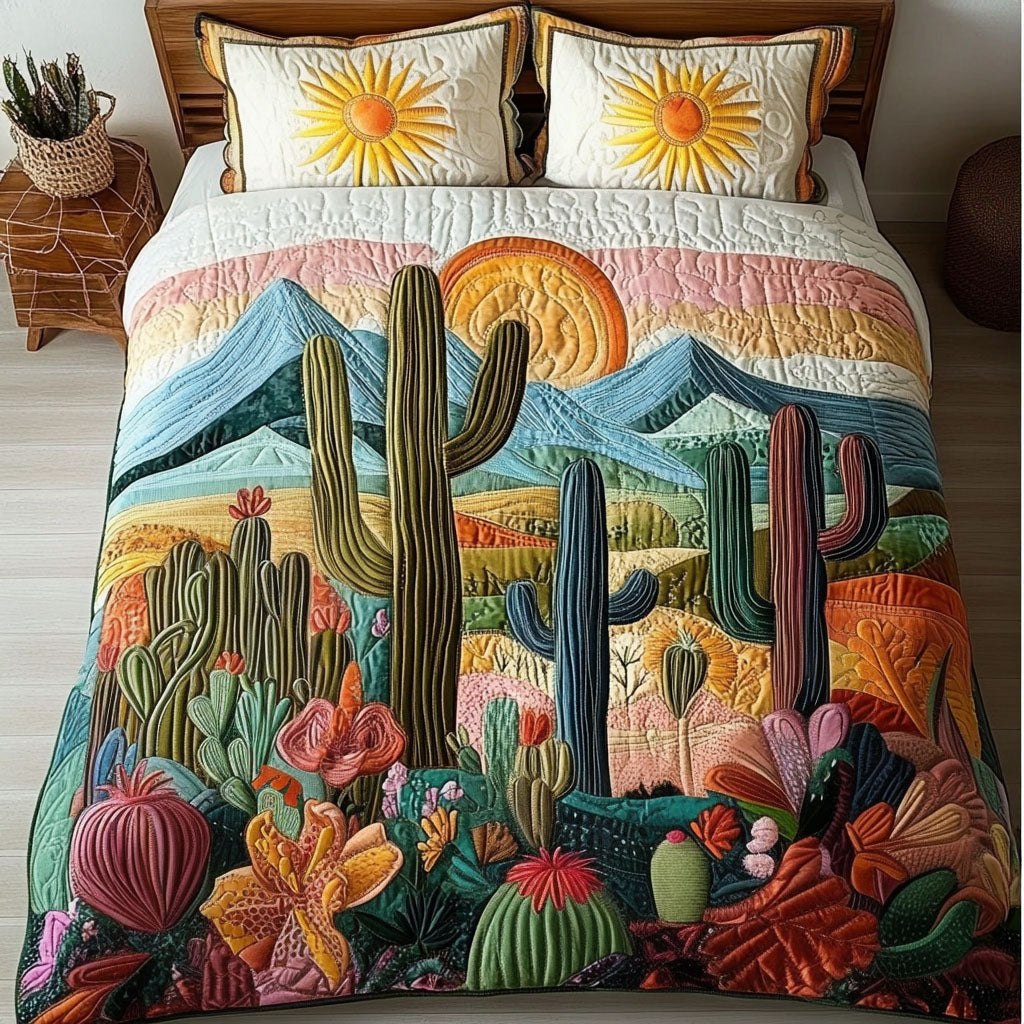 Sunset Cactus Quilted Bedding Set Unique Bed Sheet Set Cactus Gifts For Women