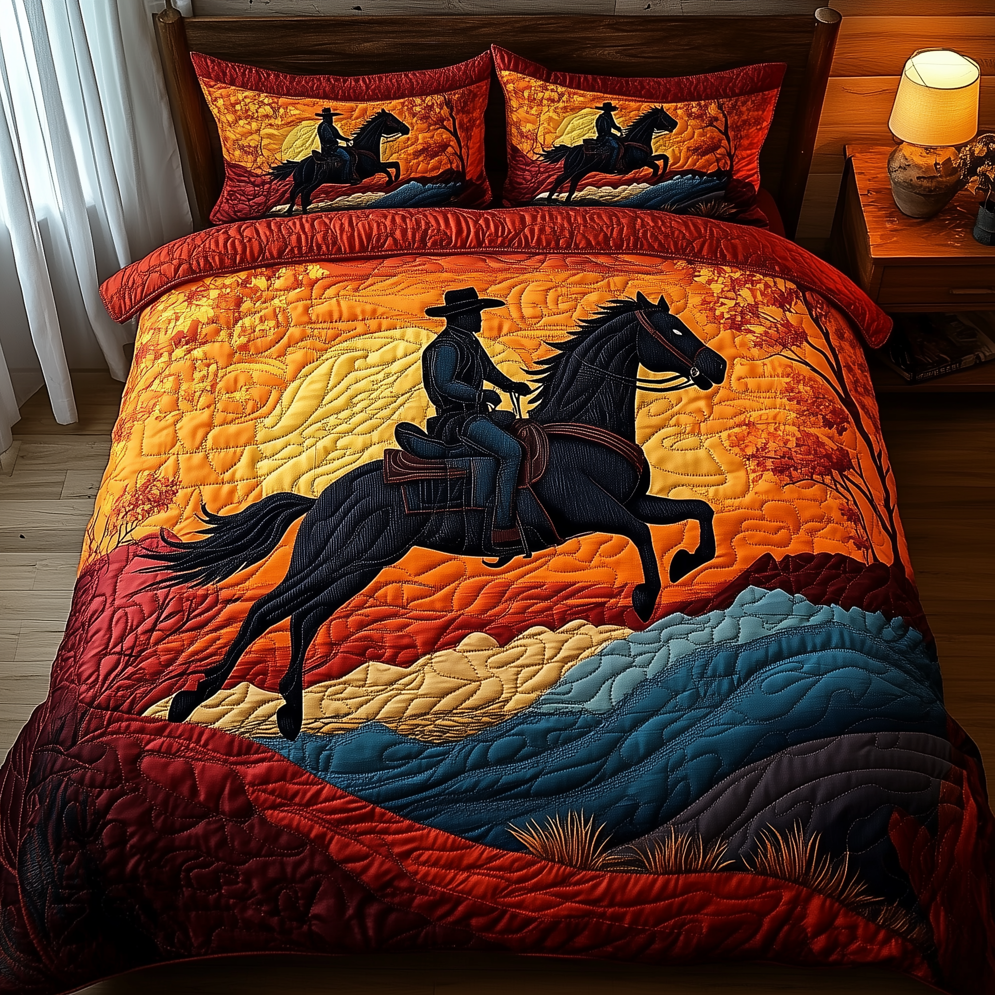 Sunset Cowboy Quilted Bedding Set Bedspread Quilts Old Western Gifts