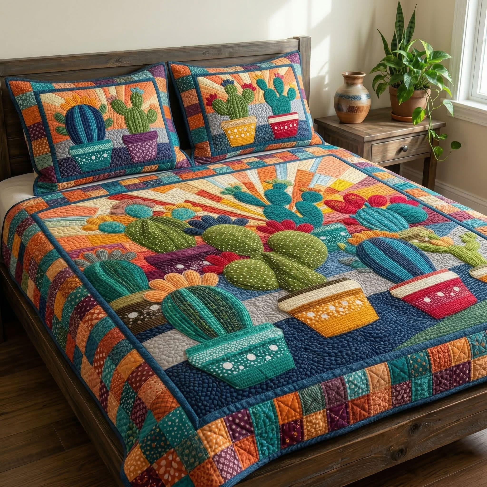 Sunset Desert Cactus Quilted Bedding Set Vibrant Bedspread Set Ideas For Mother' Day Gifts