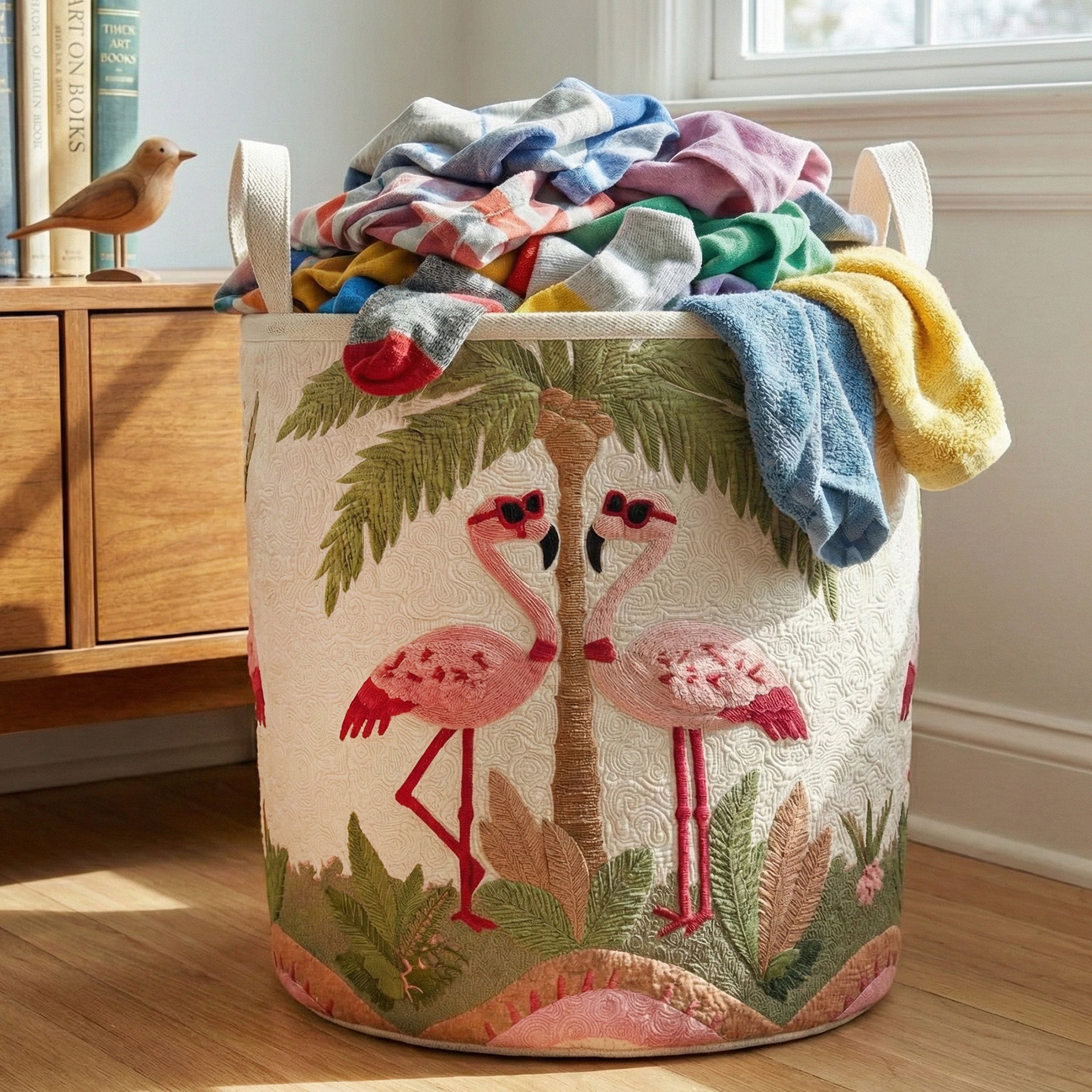 Sunset Flamingo Quilted Laundry Basket House Decor Cat Lover Things