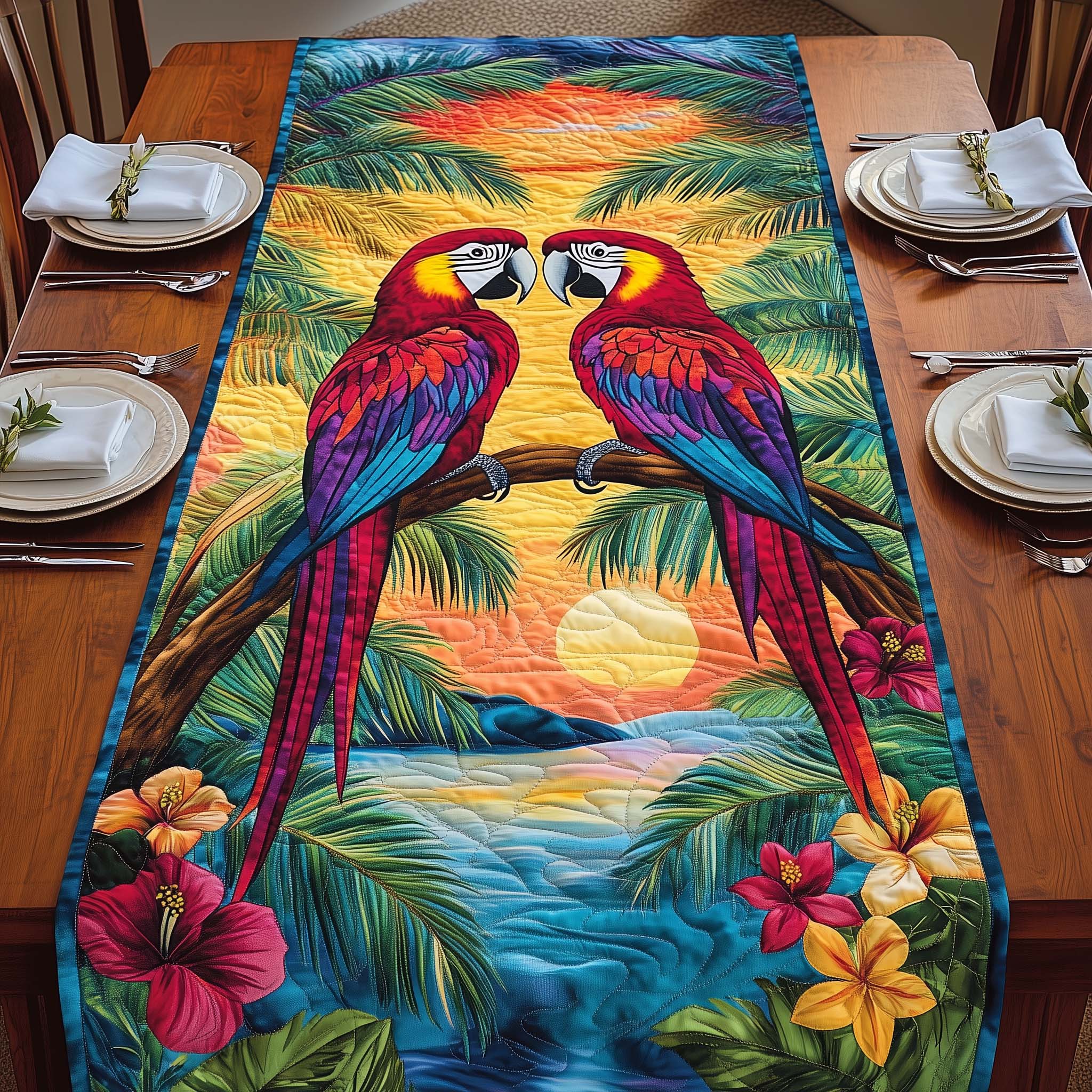 Sunset Pair Quilted Table Runner Dinner Table Decor Gifts For Parrot Lovers
