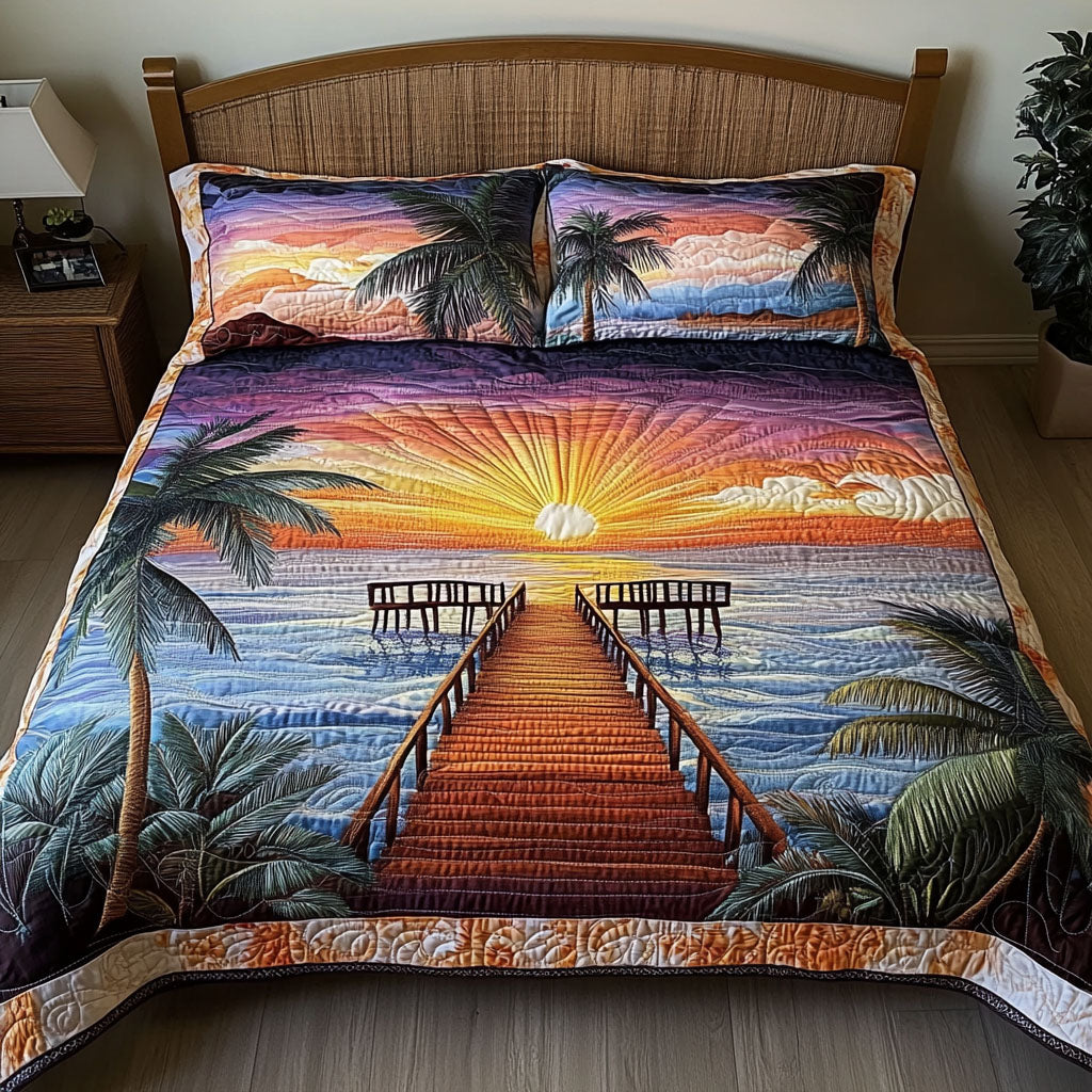 Sunset Pier Dream Quilted Bedding Set Bed Room Decoration Fishing Gifts For Boyfriend