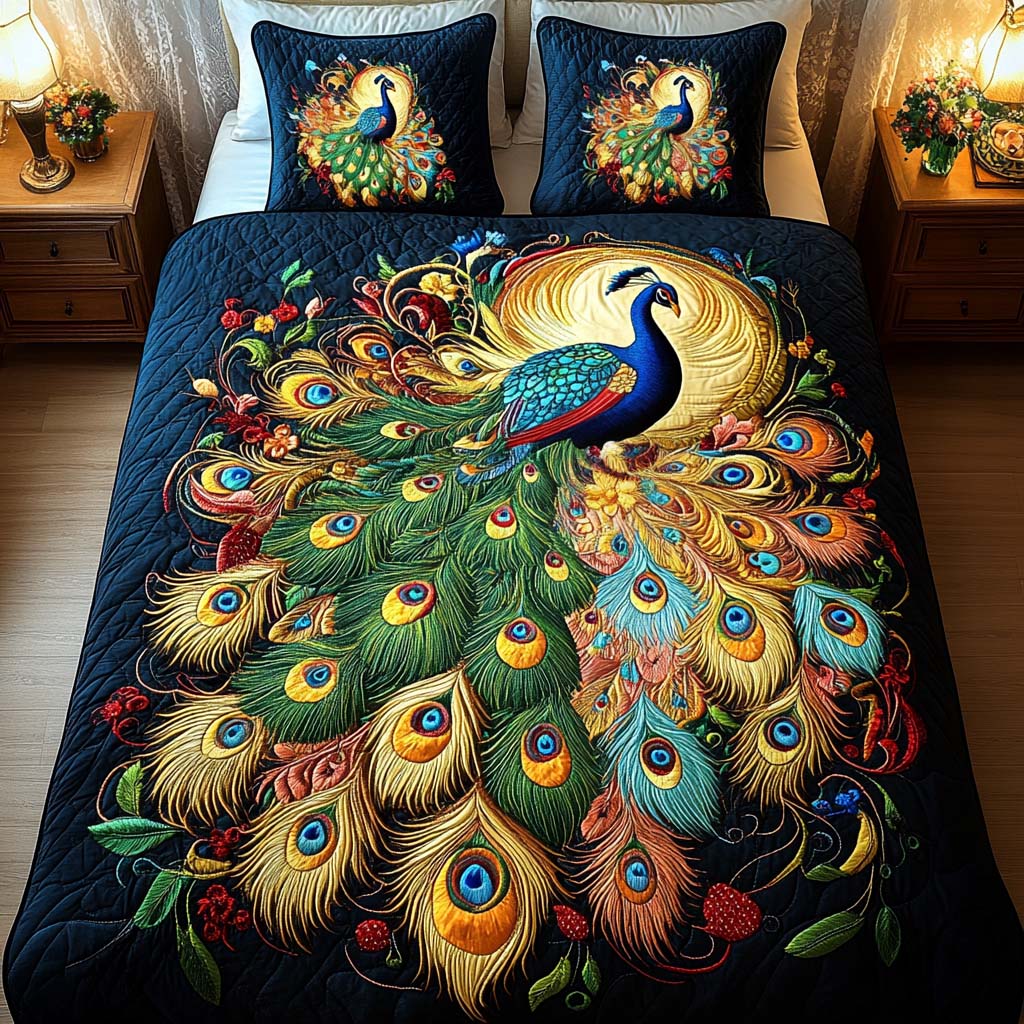 Sunset Plume Charm Quilted Bedding Set Aesthetic Room Decor Gifts For Peacock Owners
