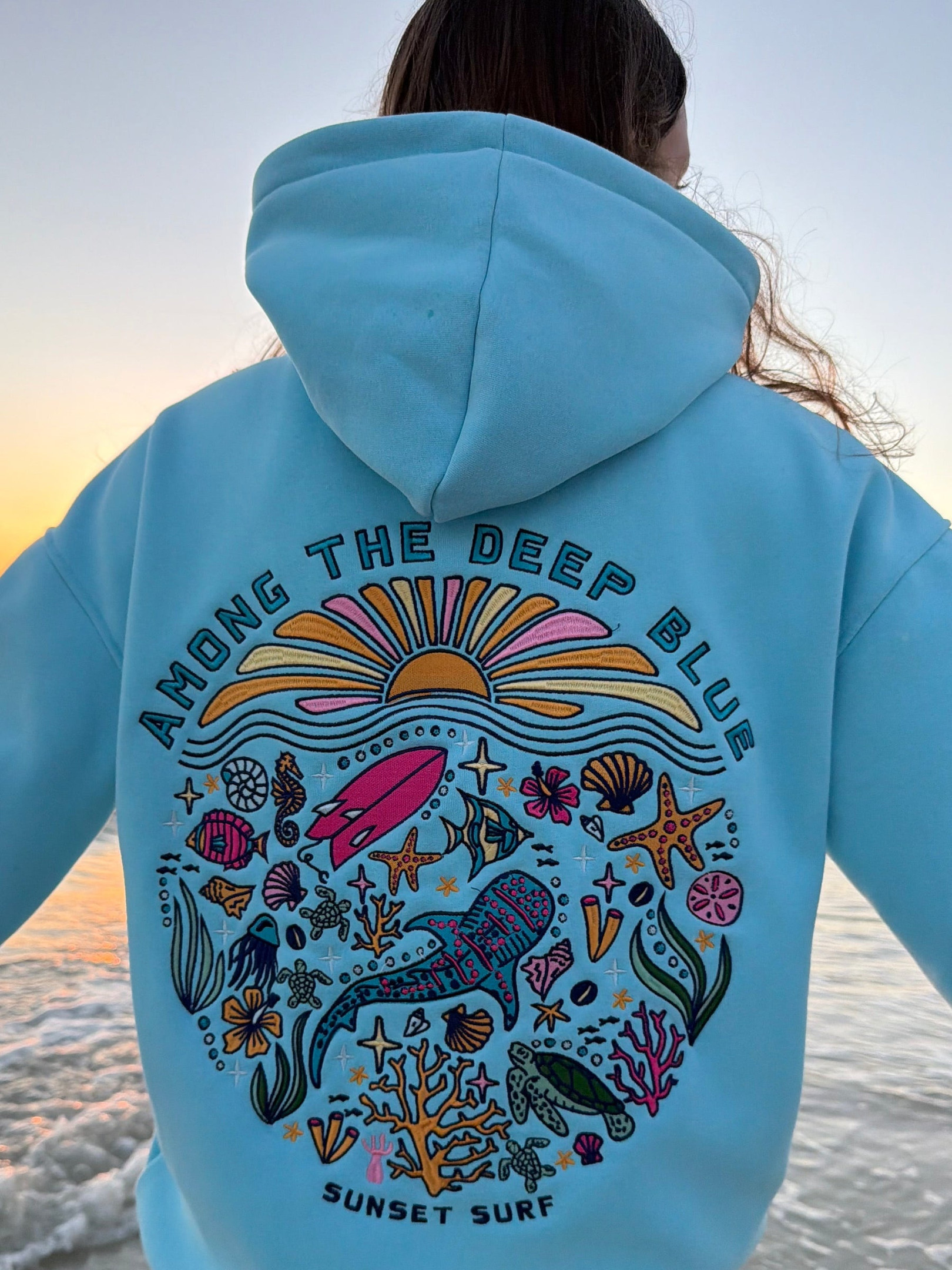 Sunset Surf Hoodie Blue Whale Shark Tropics Hoodie Sunset Surf Clothing Gift For Beach Lover