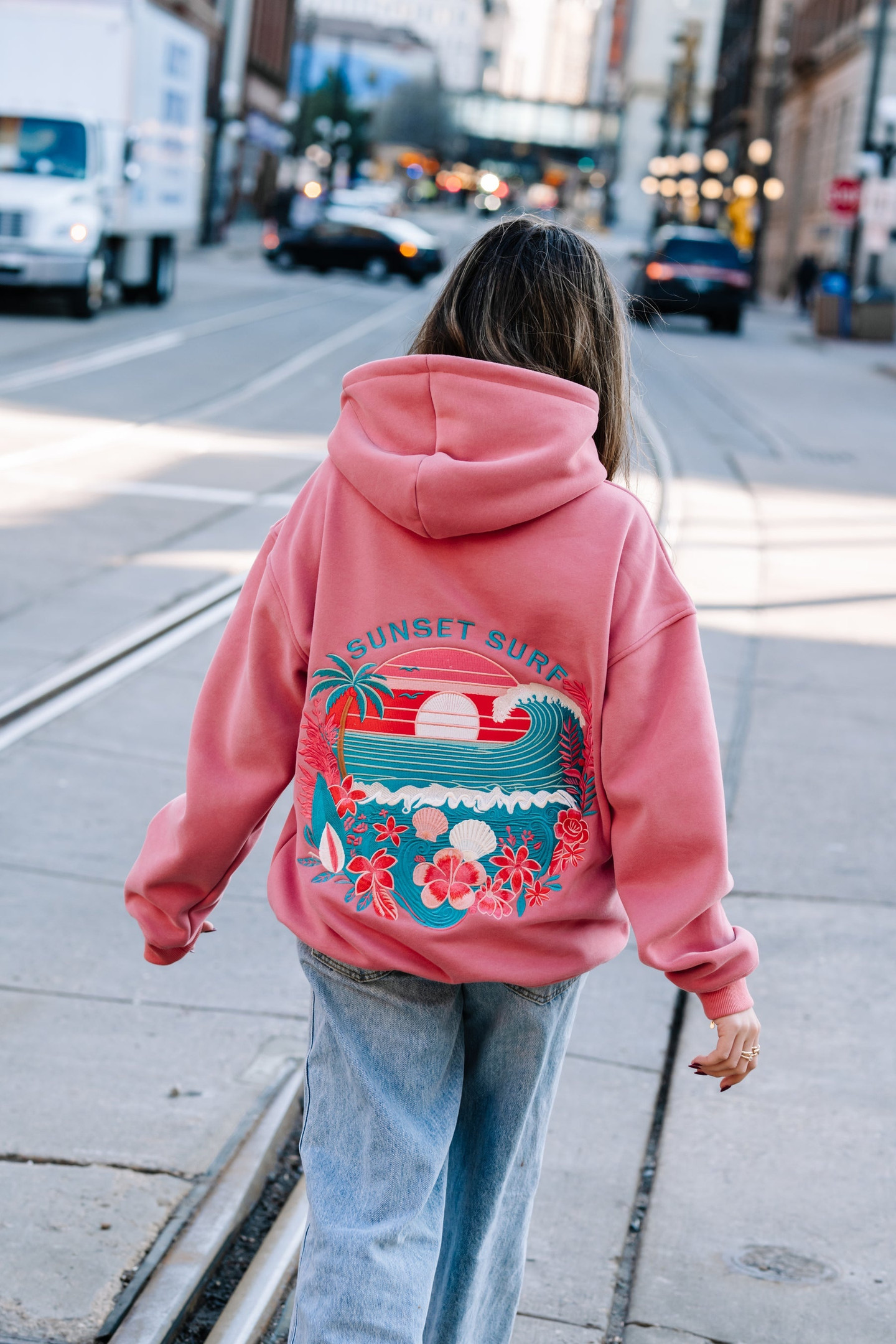 Sunset Surf Hoodie Coral Hibiscus Hoodie Women's Sunset Surf Apparel Best Gift For Beach Lover
