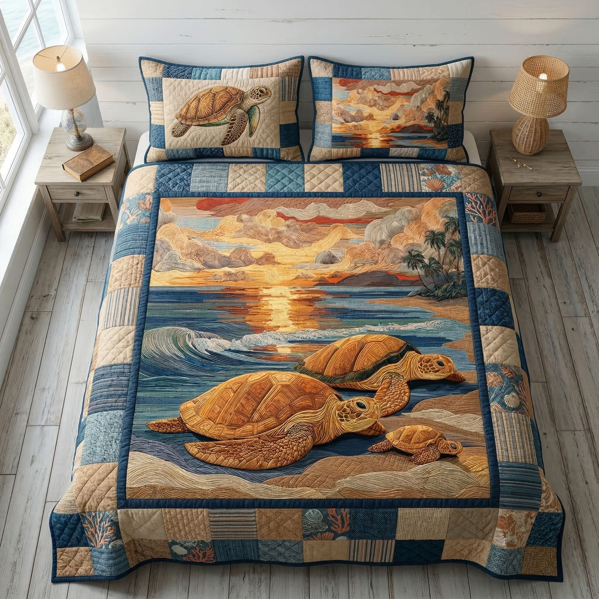 Sunset Turtle Shore Quilted Bedding Set Boho Bedroom Furniture Mother's Day Gifts For Wife
