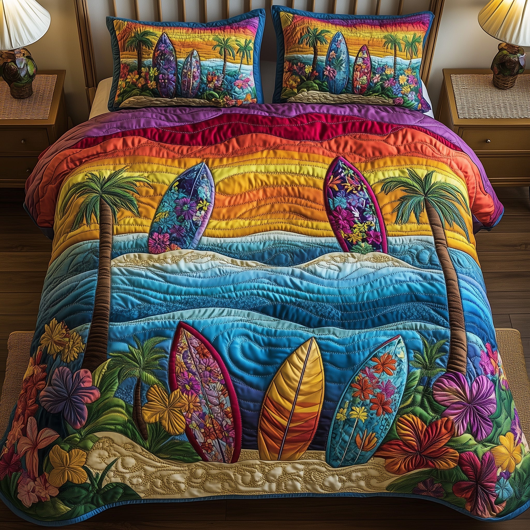 Sunset Wave Ride Quilted Bedding Set Bed Room Decoration Birthday Gift Ideas For Beach Lovers