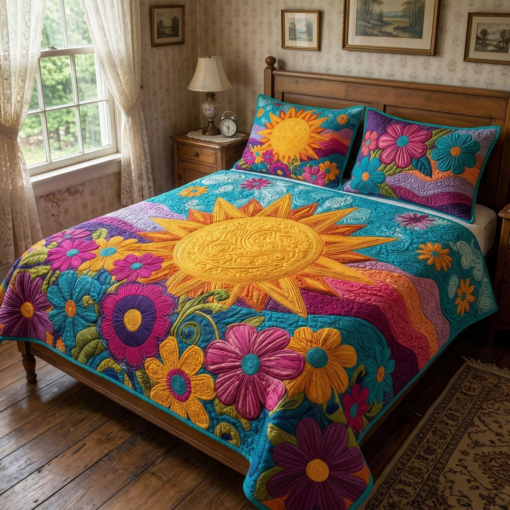 Sunshine Flower Garden Quilted Bedding Set Vibrant Duvet Cover Bedspread Set Gifts For Mom