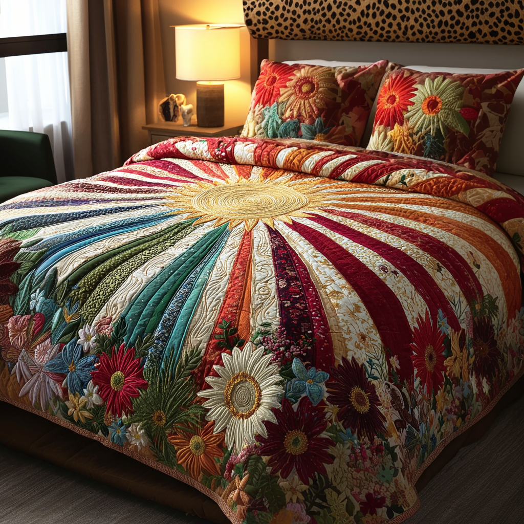 Sunshine Meadow Quilted Bedding Set Cute Queen Bed Sheets Sunflower Items For Gifts