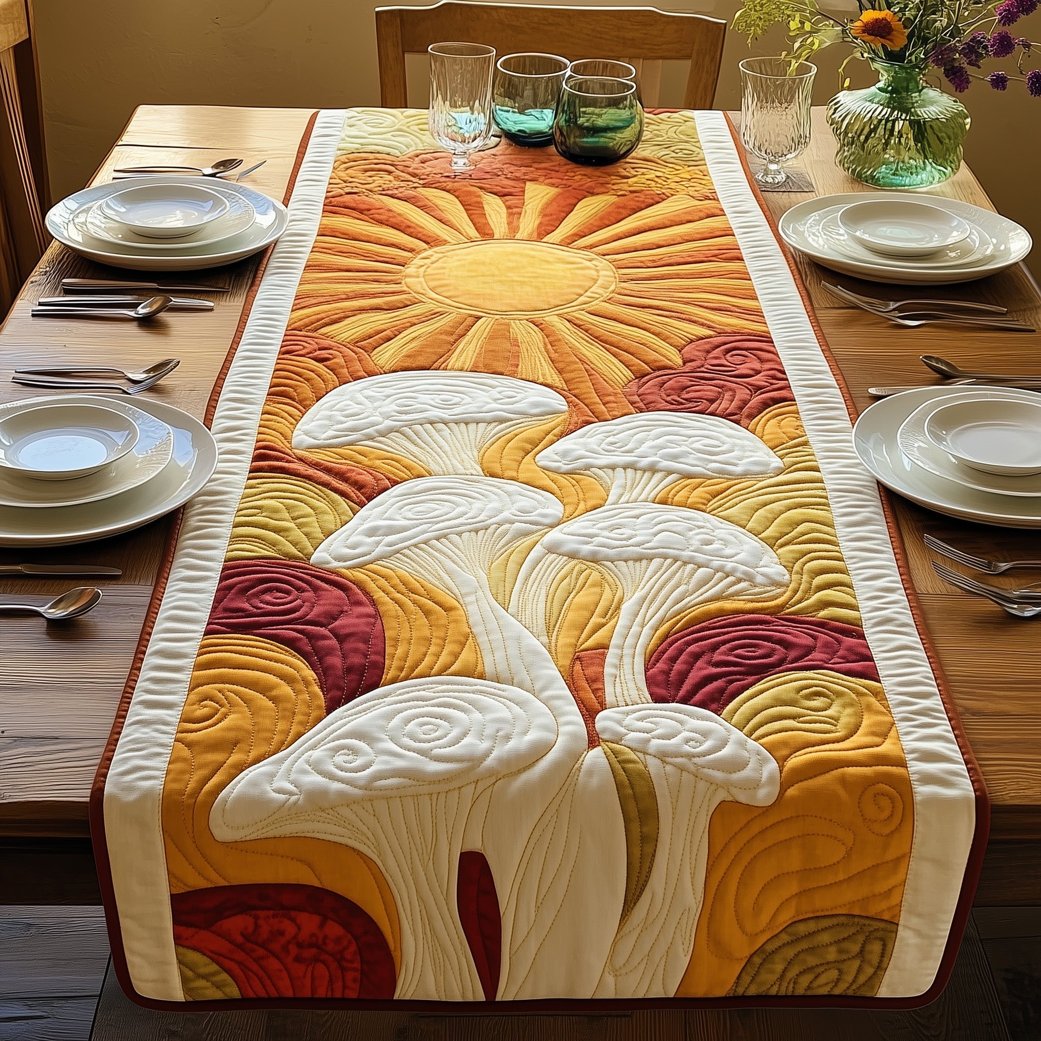 Sunshine Mushroom Quilted Table Runner Boho Macrame Table Runner Mother's Day Gifts For Wife