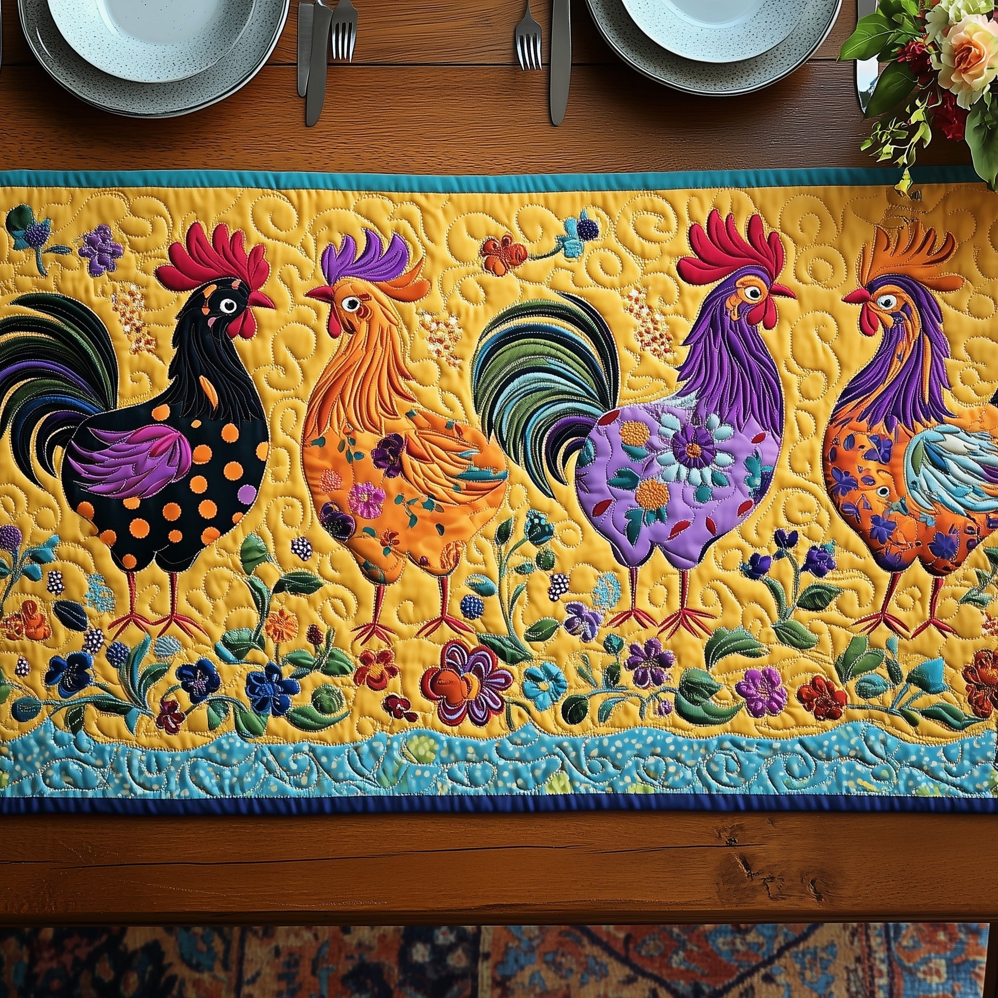 Sunshine Roosterscape Quilted Table Runner Dining Table Decor Ideas Chicken Gifts For Humans