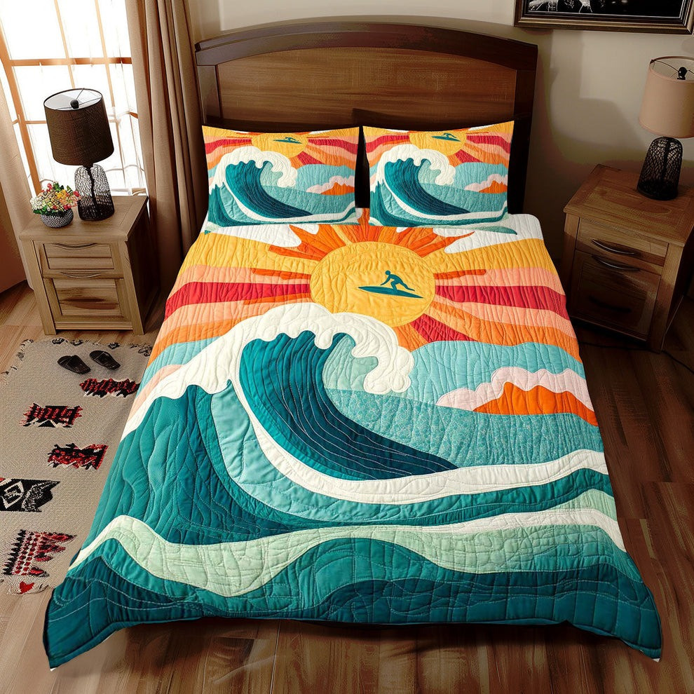 Sunshine Surfing Quilted Bedding Set Ocean Wave Bed Sheet Set Bedroom Decor Gifts