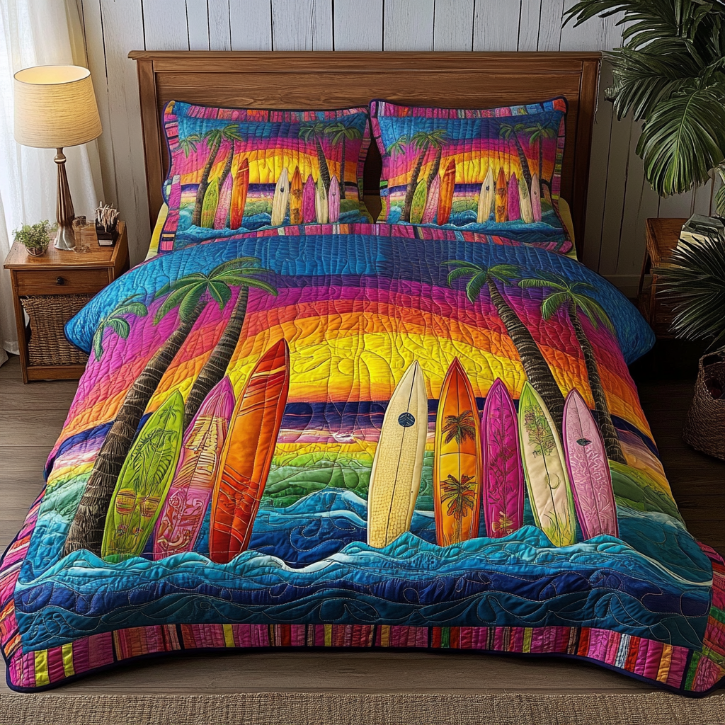 Surfboard Sunset Quilted Bedding Set Unique Sheet Sets Best Gifts For Beach Lovers