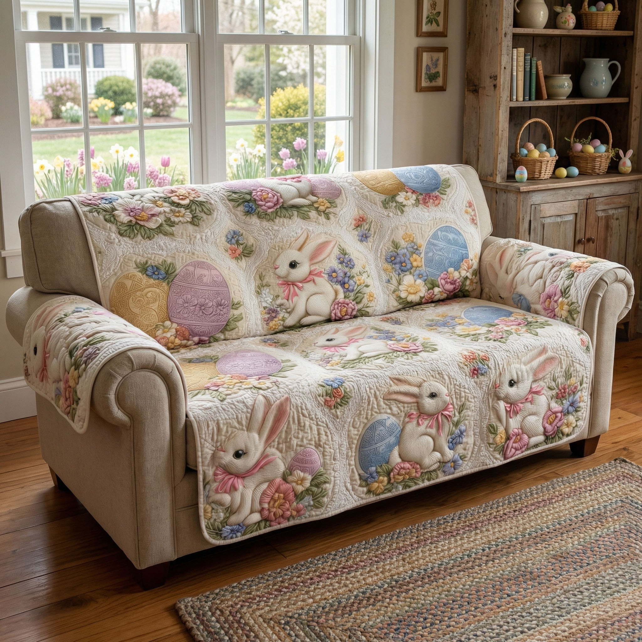 Sweet Spring Rabbits Quilted Sofa Cover Sofa Protector Unique Easter Gifts Holiday