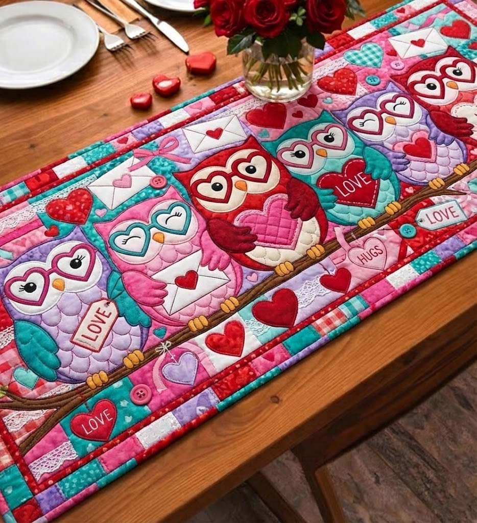 Sweet Valentine Quilted Table Runner Valentine's Day Table Topper Owl Theme Gifts